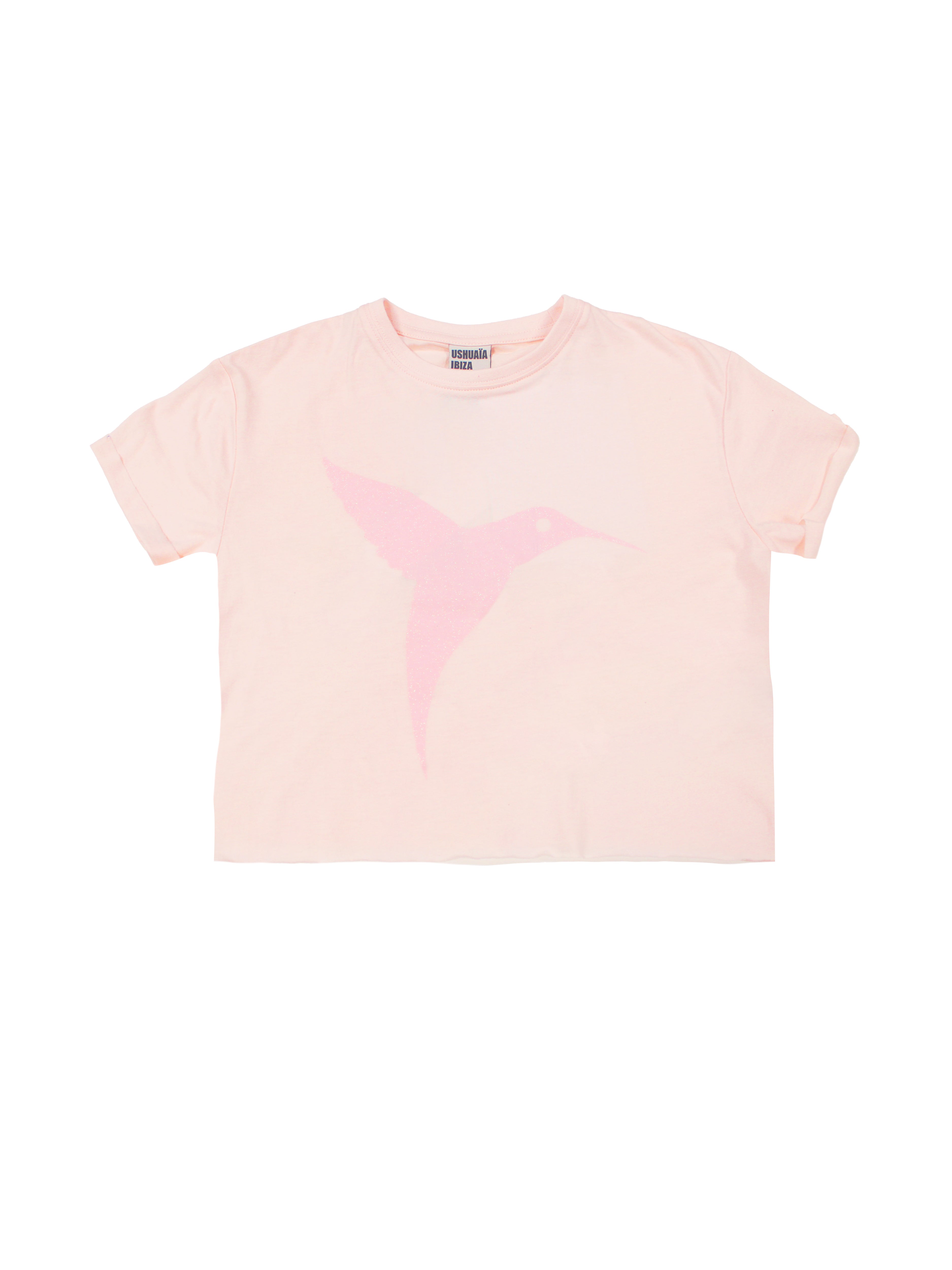 Cropped t-shirt with round neck and short sleeves. Contrast combined print detail on the front and back with glitter.