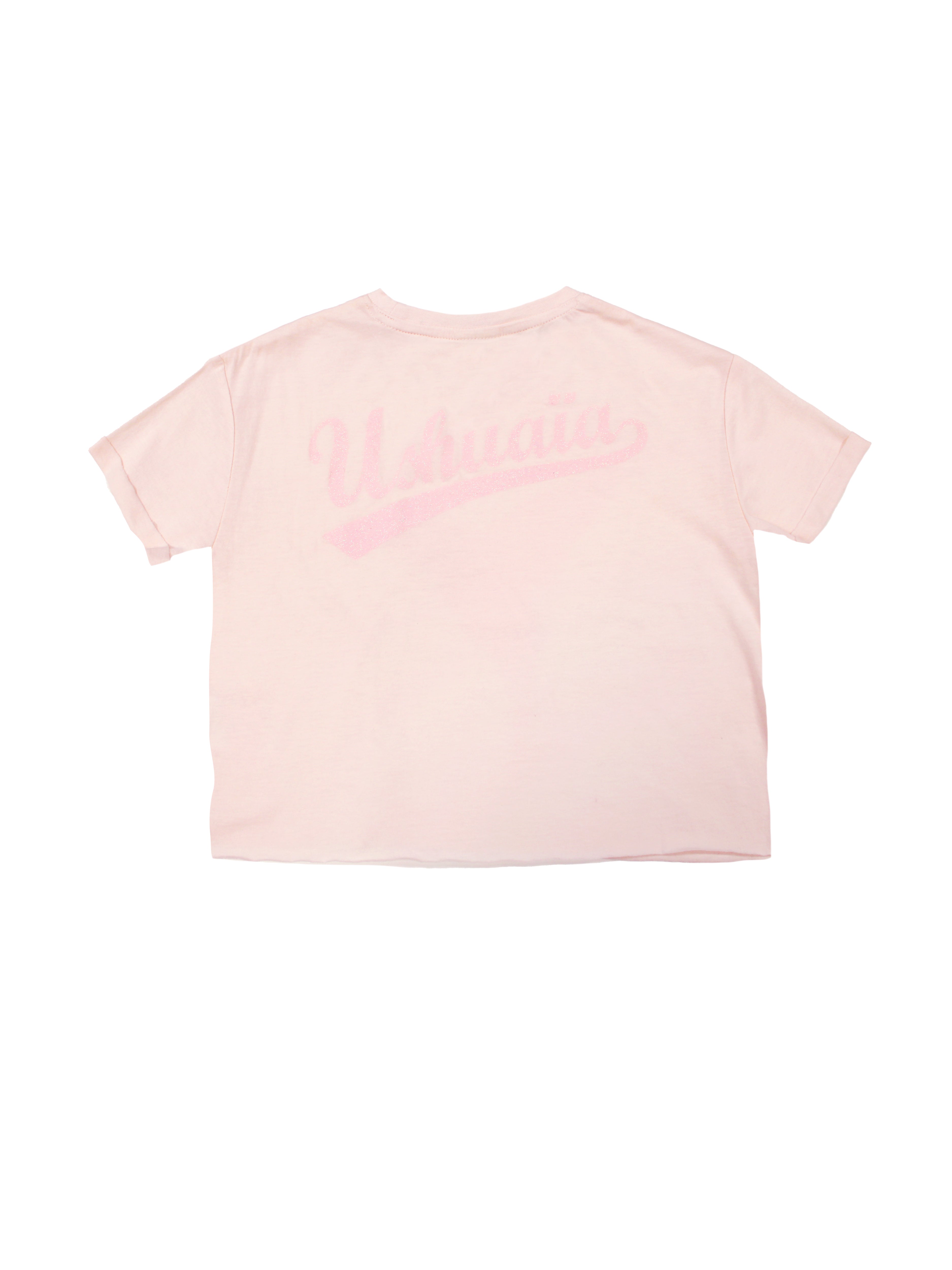 Cropped t-shirt with round neck and short sleeves. Contrast combined print detail on the front and back with glitter.