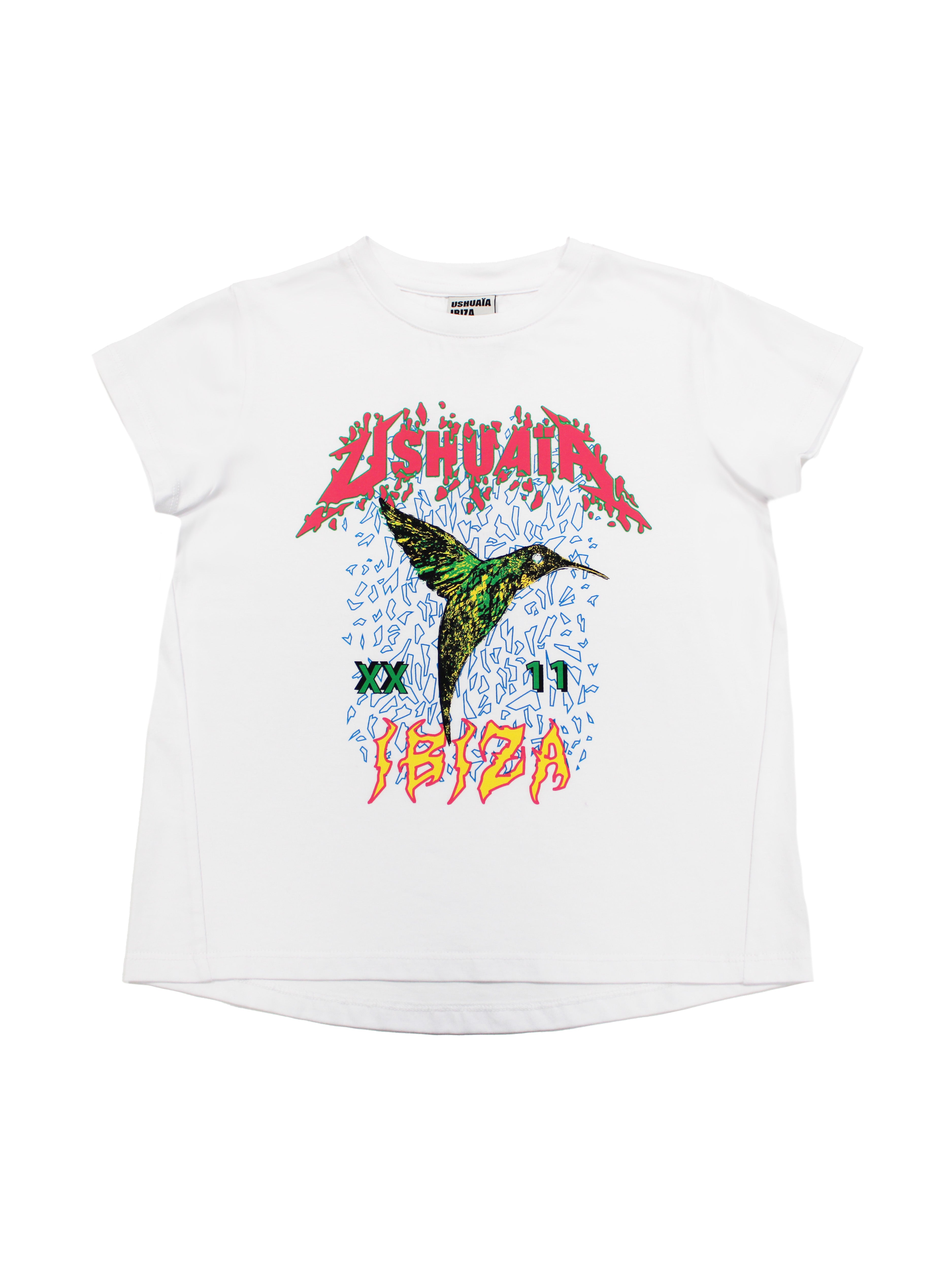 T-shirt with round neck and short sleeves. Forward front seams. Contrasting combined print detail on the front.