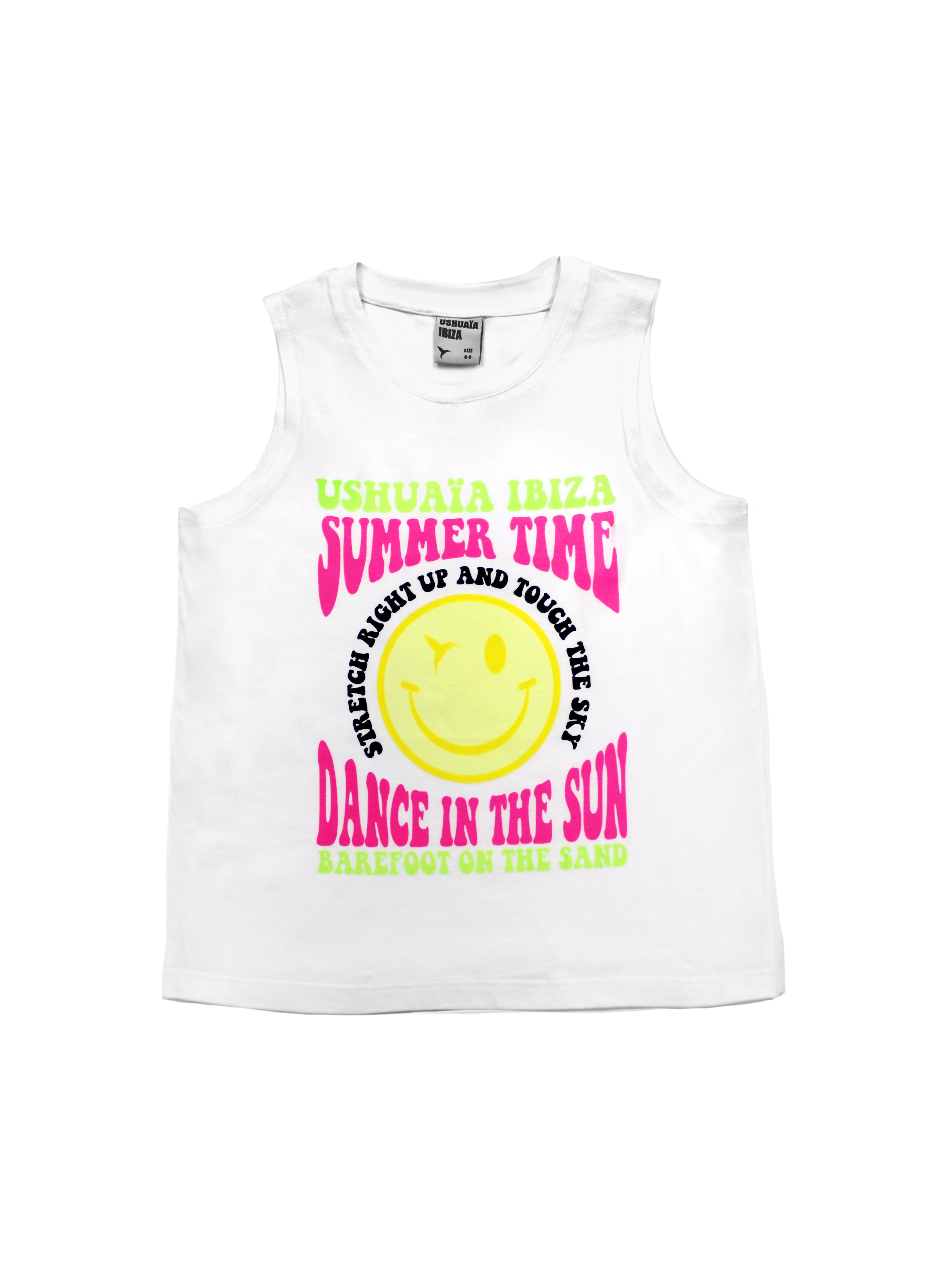 T-shirt with round neck and sleeveless sleeves. Contrasting combined print detail on the front.