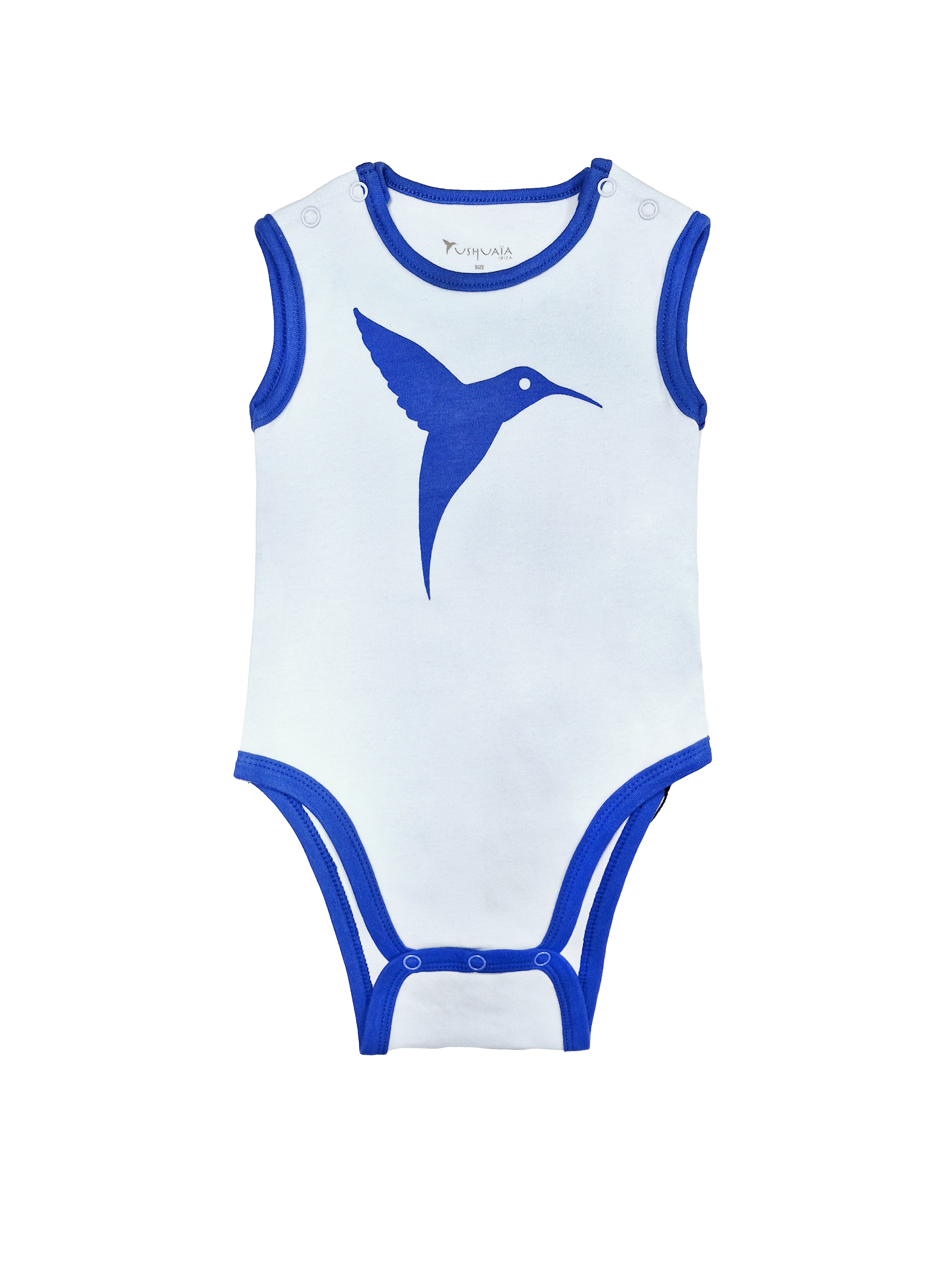 Baby bodysuit with front and back print. Snap button closure on the shoulder and bottom.