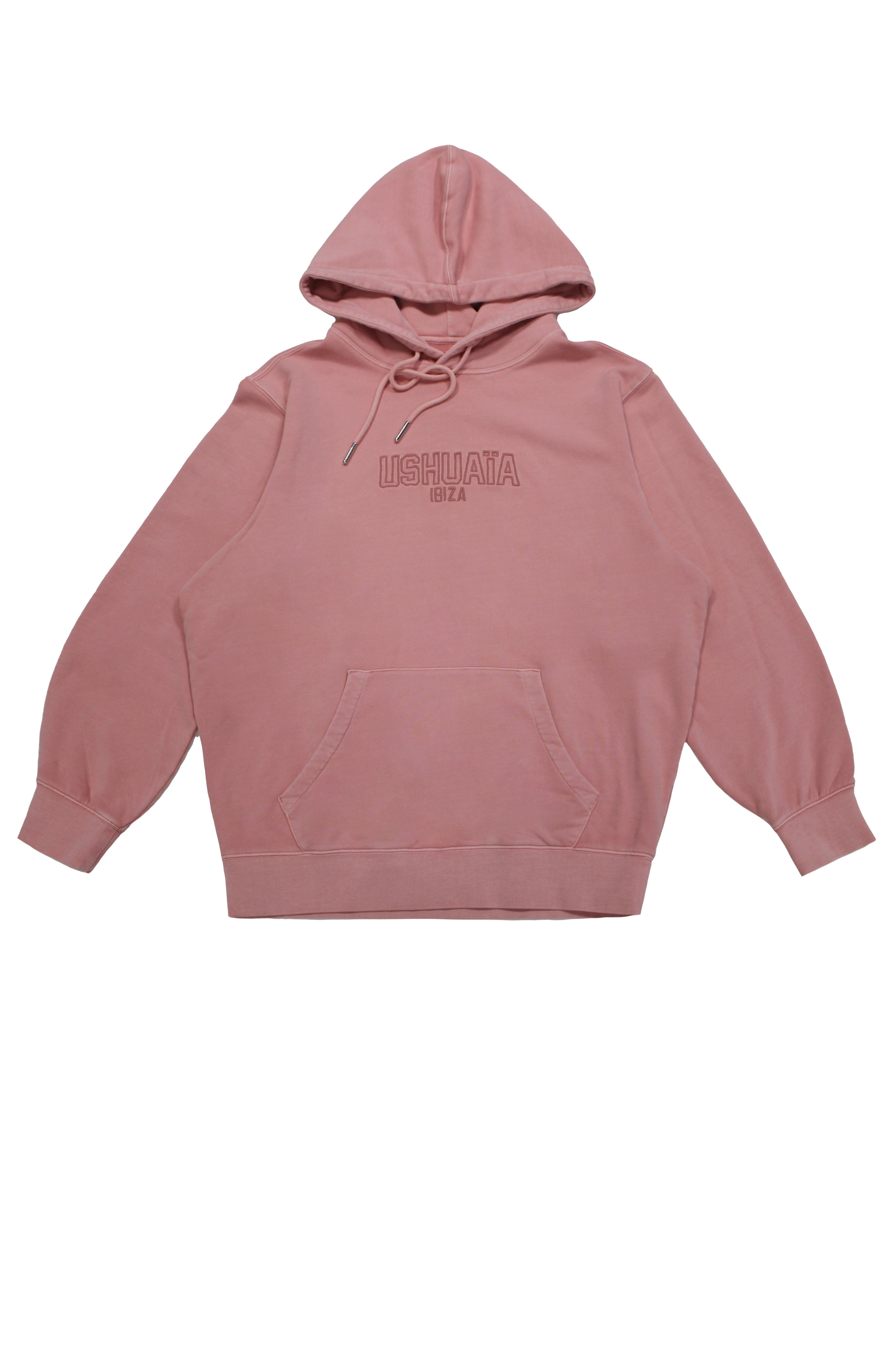 Regular fit garment dye sweatshirt with adjustable hood with drawstring and long sleeves. Contrasting combined embroidery detail on the front. Kangaroo pocket on the front. Ribbed finishes.