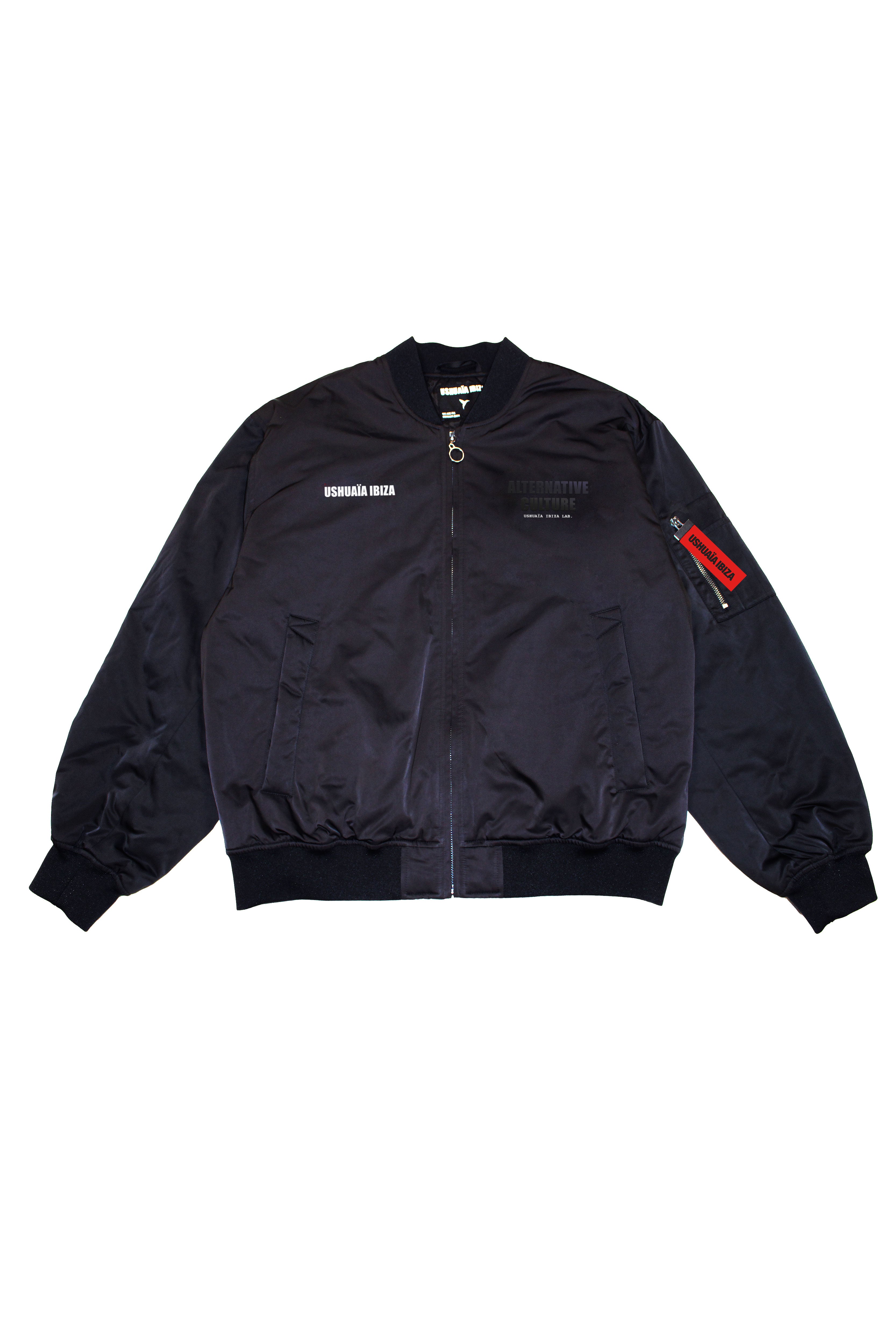 Satin bomber jacket with elastic collar and long sleeves. Rubber print detail on the front and fabric and embroidery application on the back. Front welt pockets. Sleeve pocket with custom puller. Front closure with two-way zipper. Ribbed finishes.