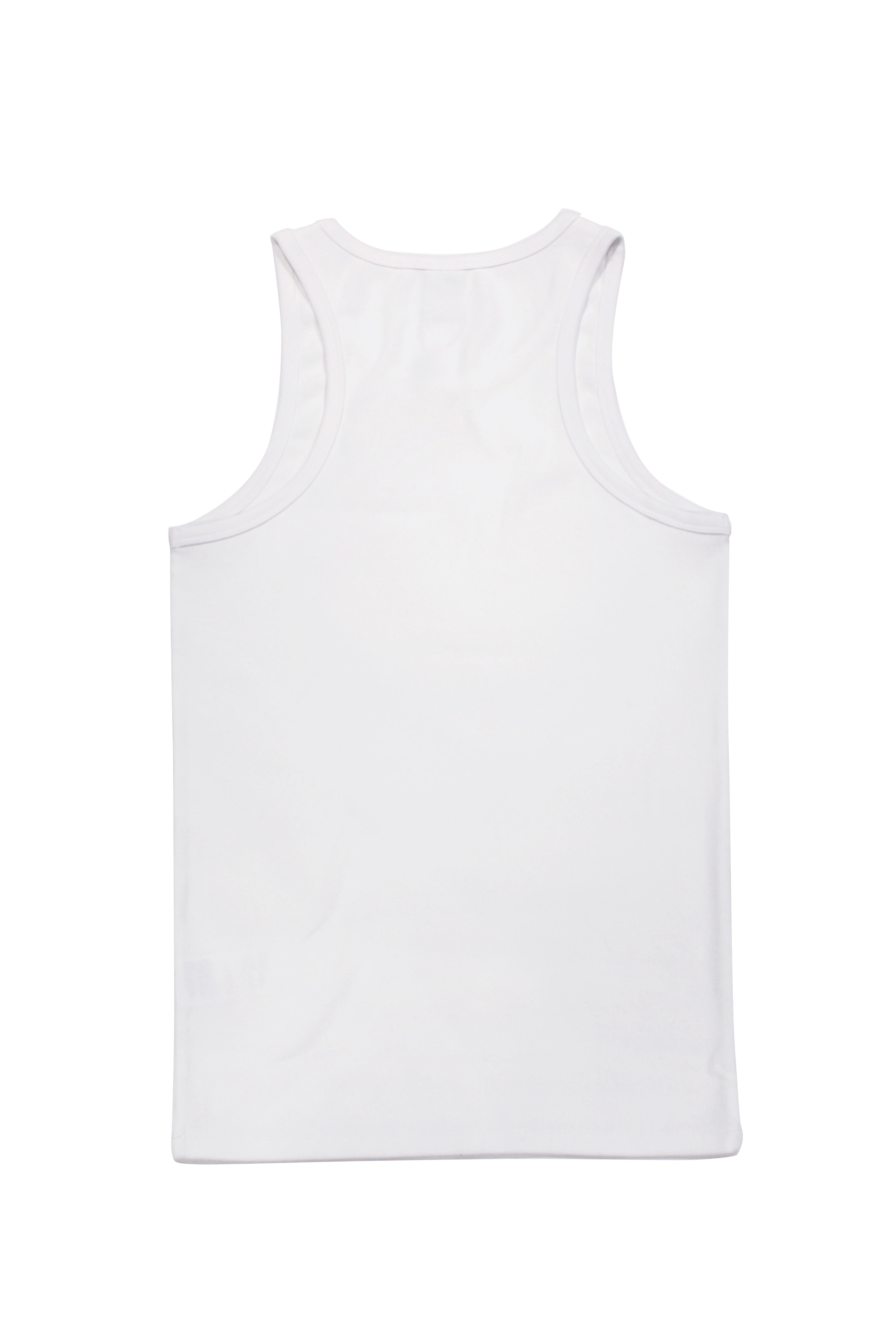 Ribbed t-shirt with a round neck and sleeveless design. Contrast embroidered detail on the front.