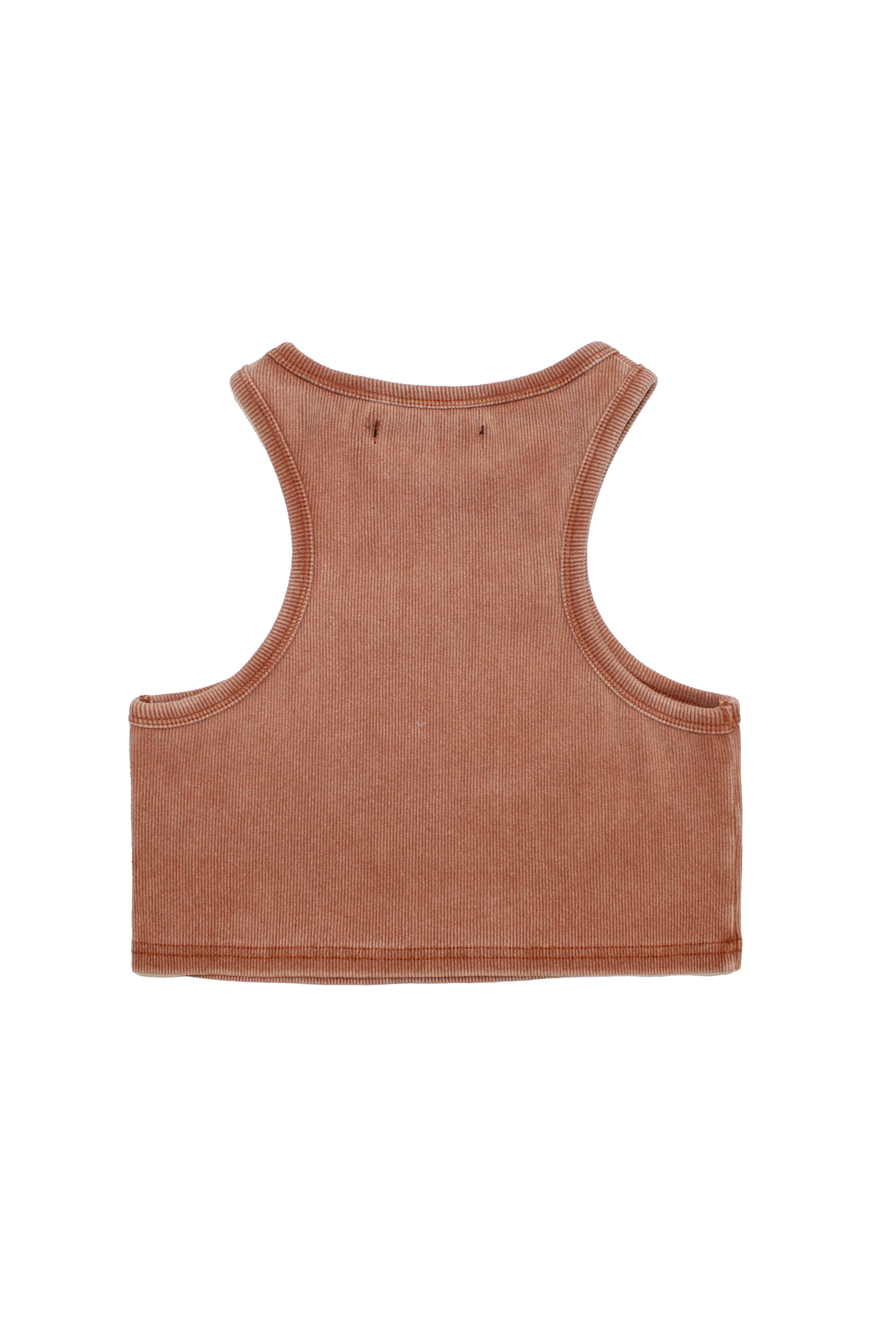 Rib tank top with round neckline and fade out effect sleeve. Embroidery detail on the front.