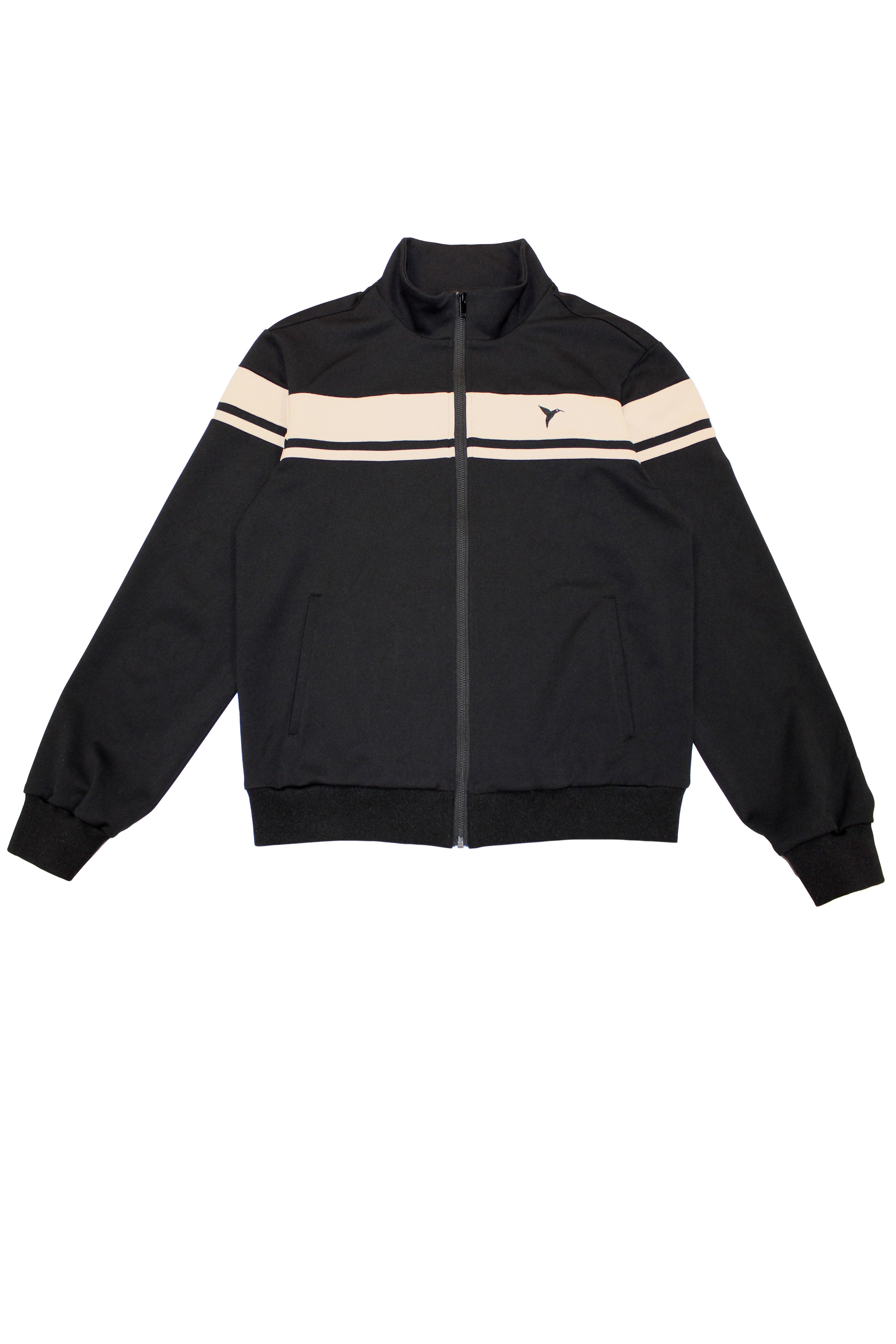 Sports jacket with mandarin collar and central zipper. Contrast combined embroidery detail on the back. Front welt pockets. Ribbed finishes.