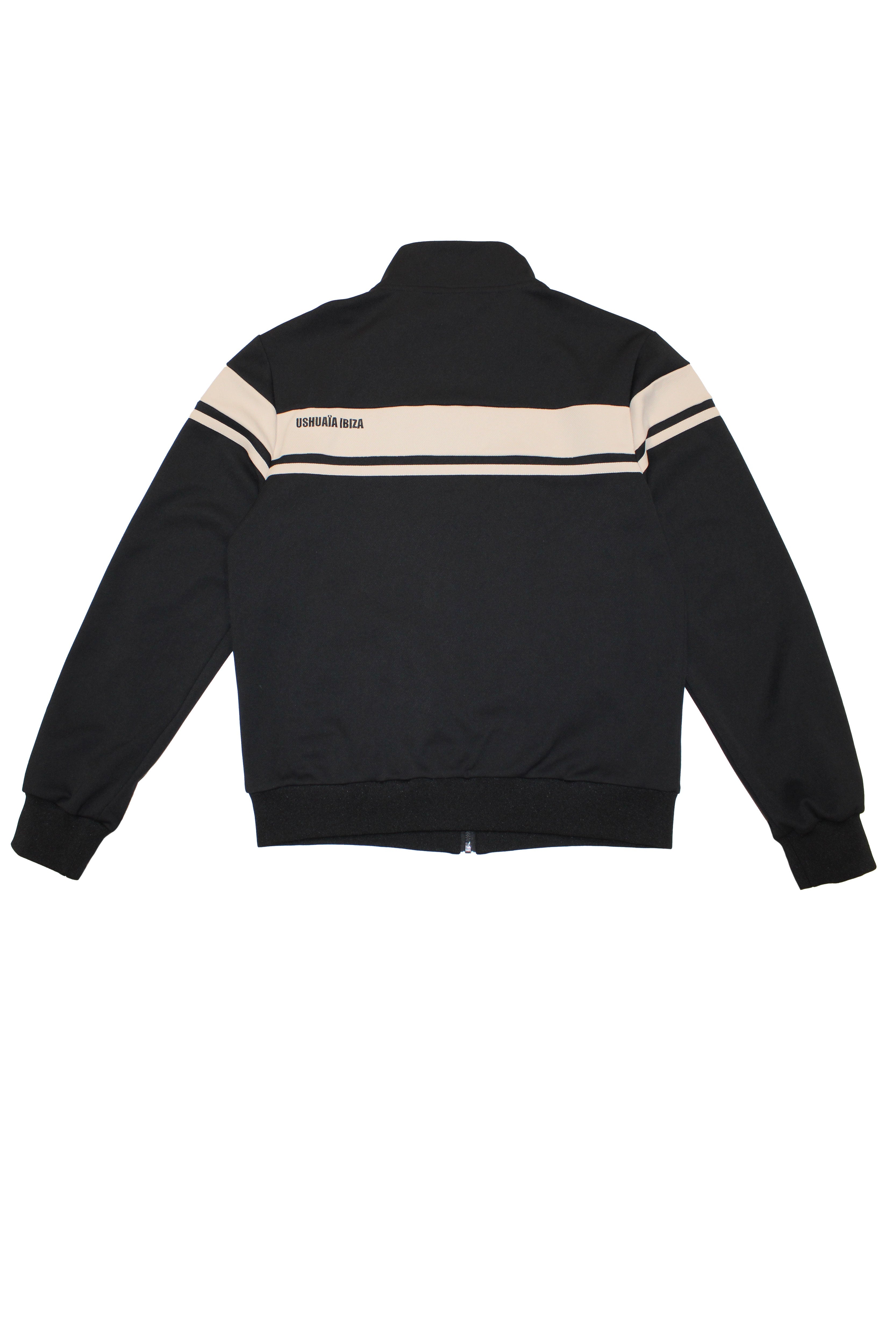 Sports jacket with mandarin collar and central zipper. Contrast combined embroidery detail on the back. Front welt pockets. Ribbed finishes.