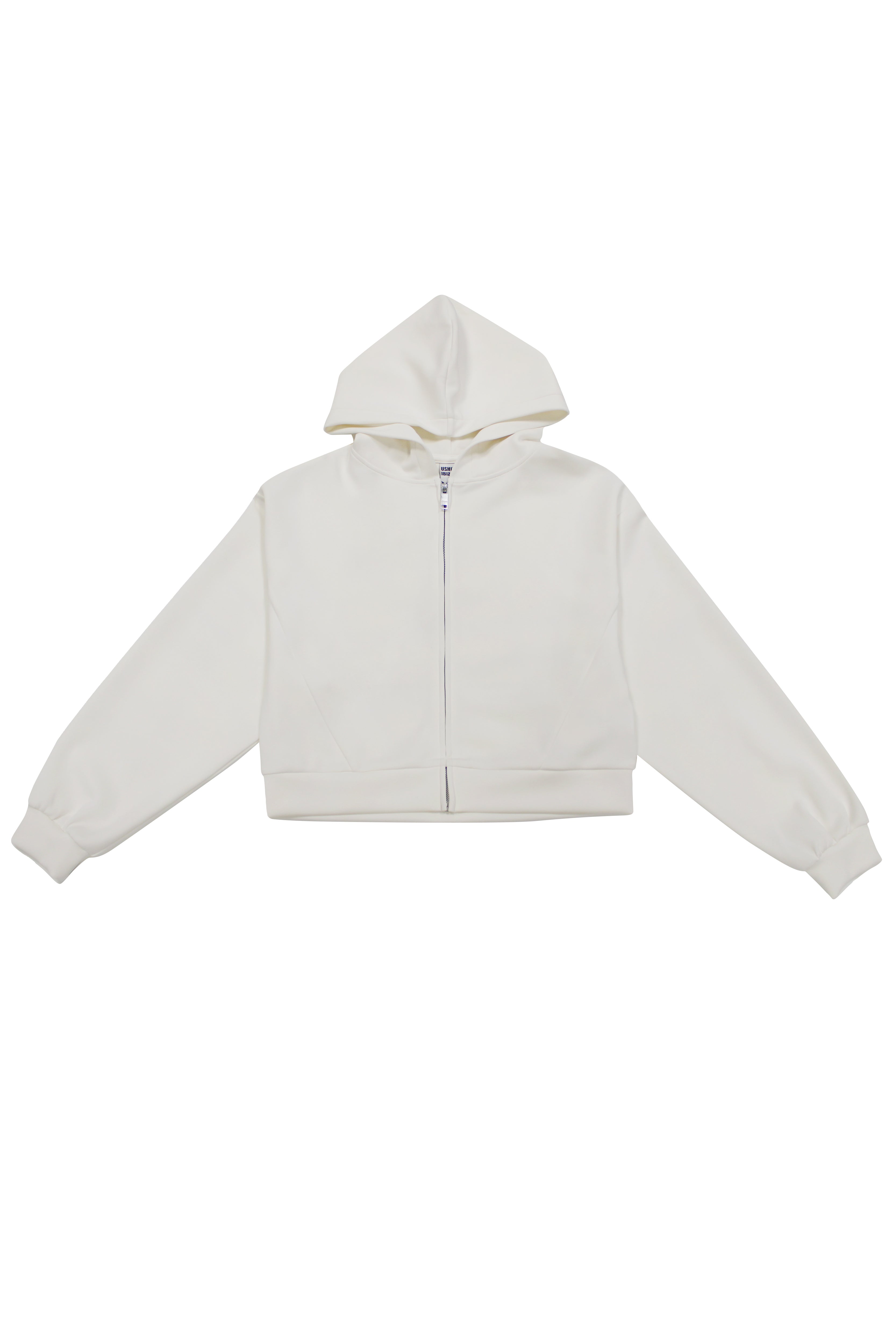 Cropped sweatshirt with hood and front closure. Features a reflective print on the back