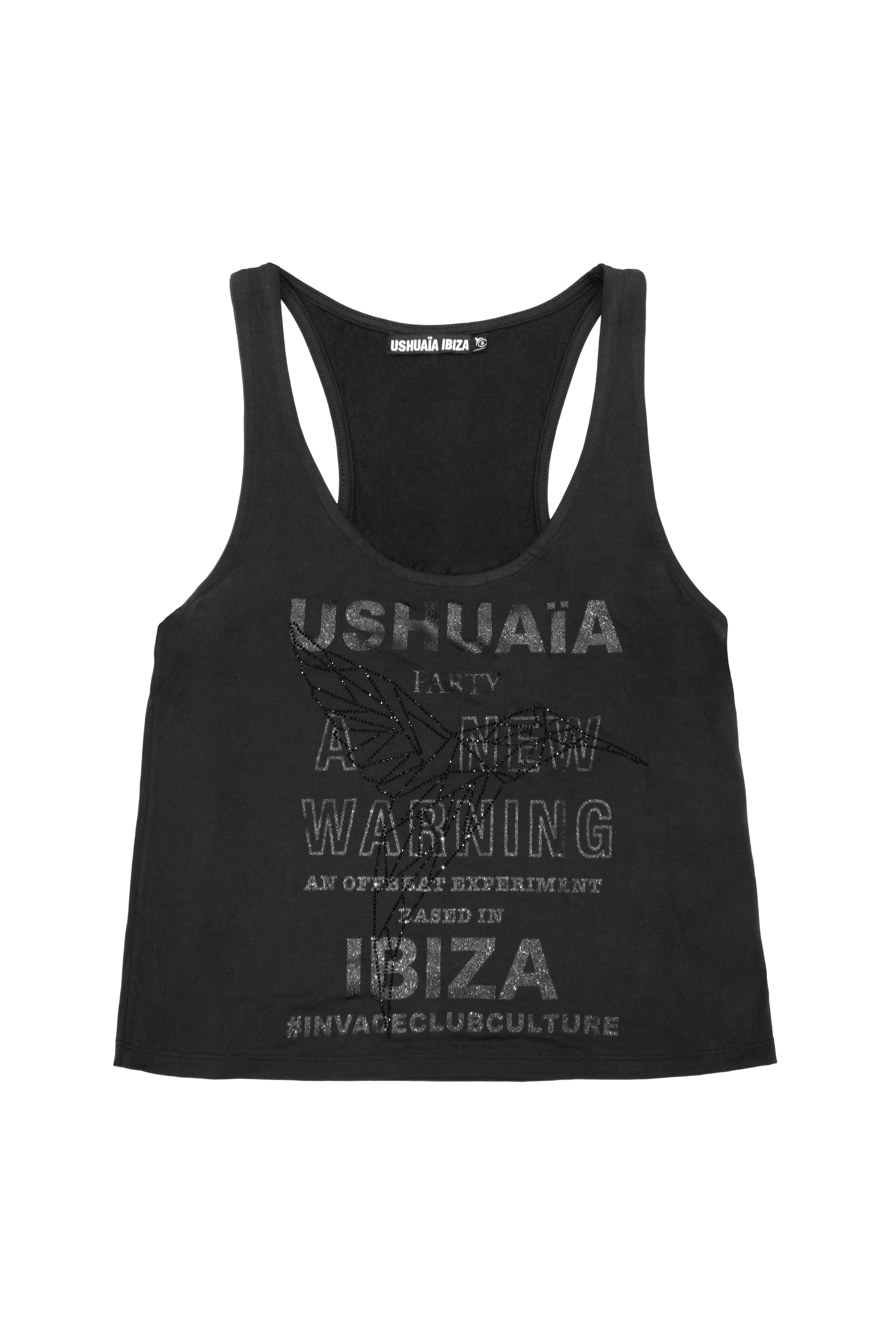 Black loose-fit tank with glitter effect & rhinestone details. Perfect for bold Ibiza looks. Shop your statement vibe now!