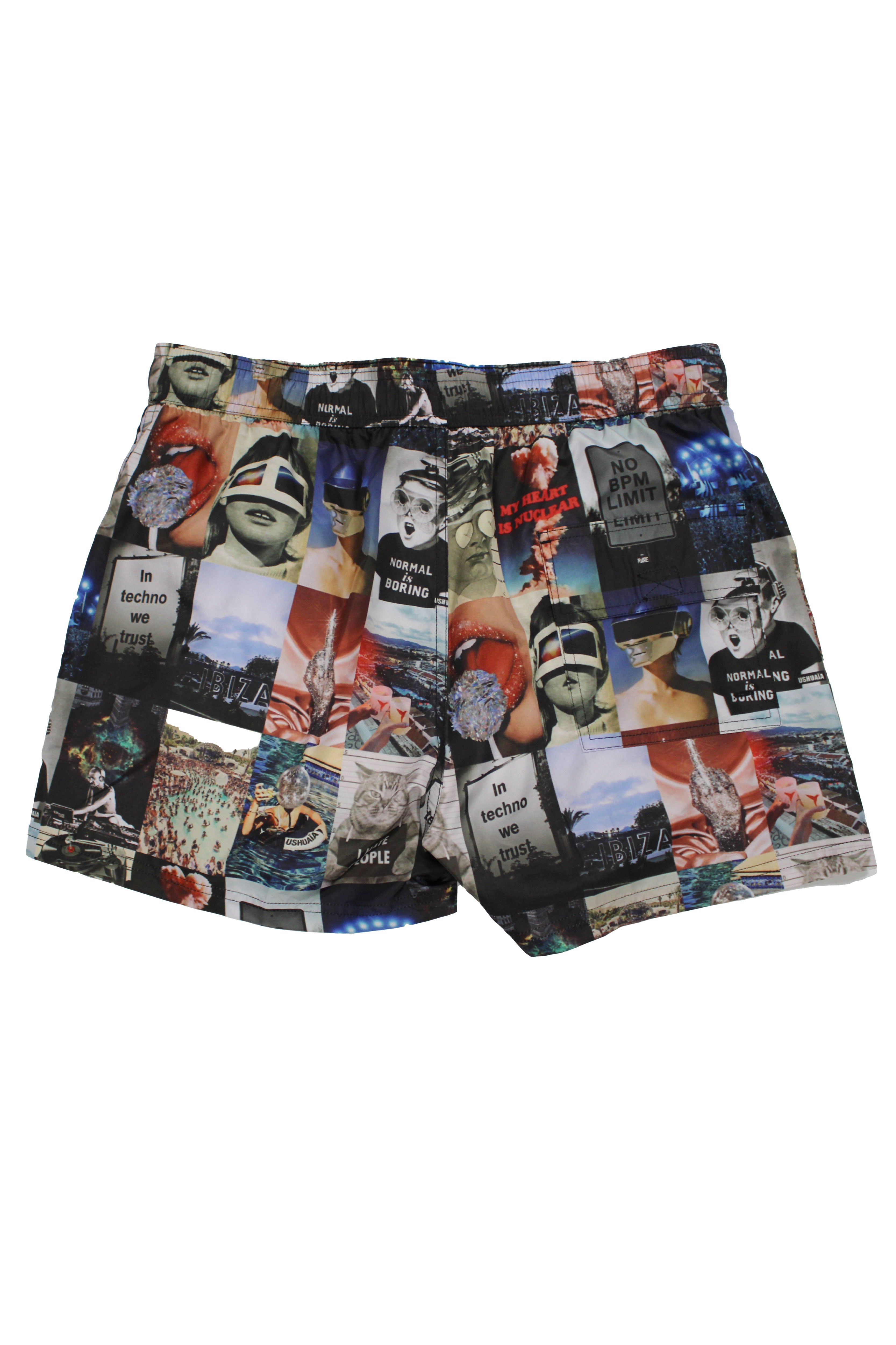 Swimsuit made of technical fabric. Adjustable elastic waistband with drawstring. Side pockets, rubberized application detail on the front and patch pocket on the back. Inner lining.