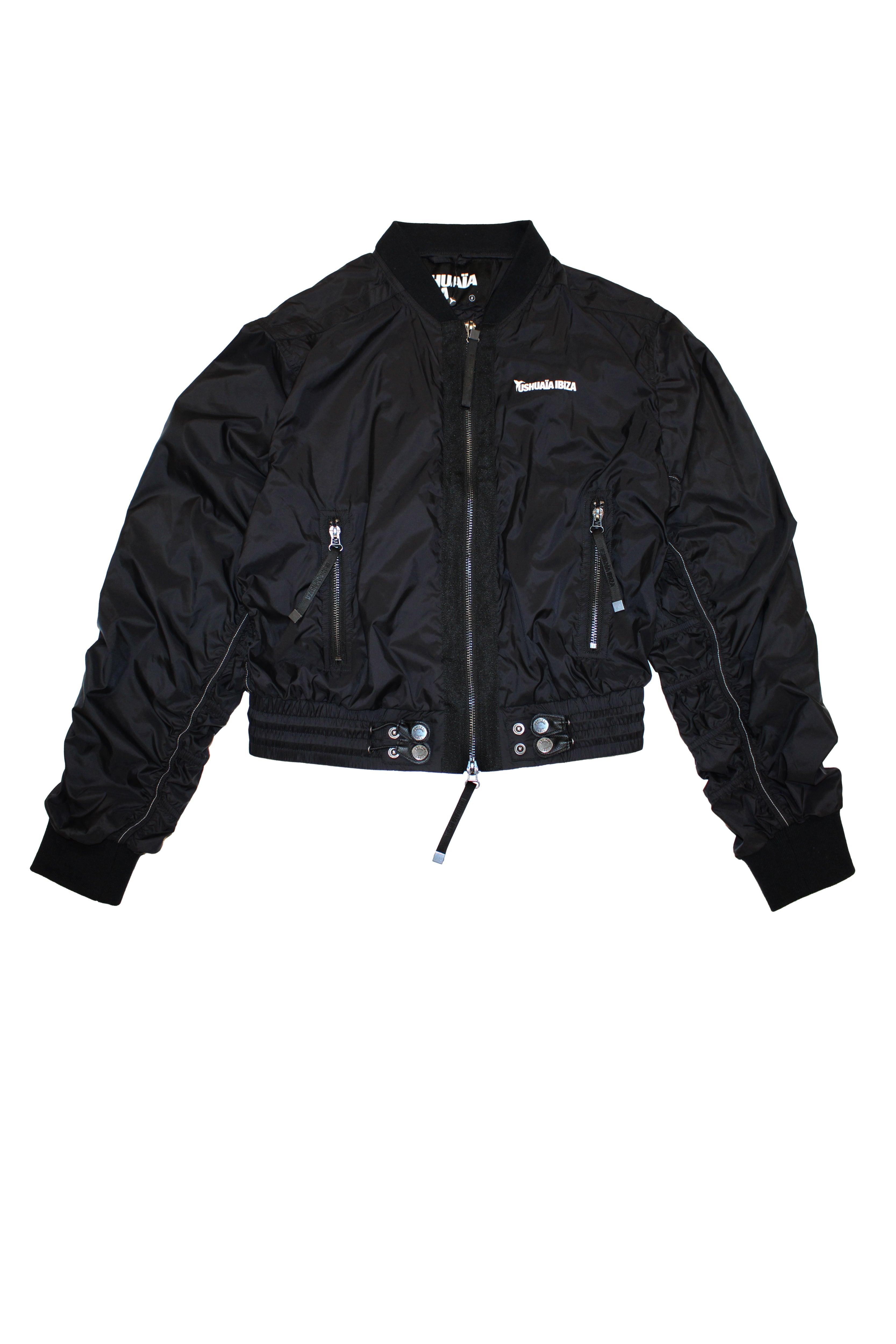 Satin-effect bomber with front details, puffed sleeves, front print, and custom zipper.