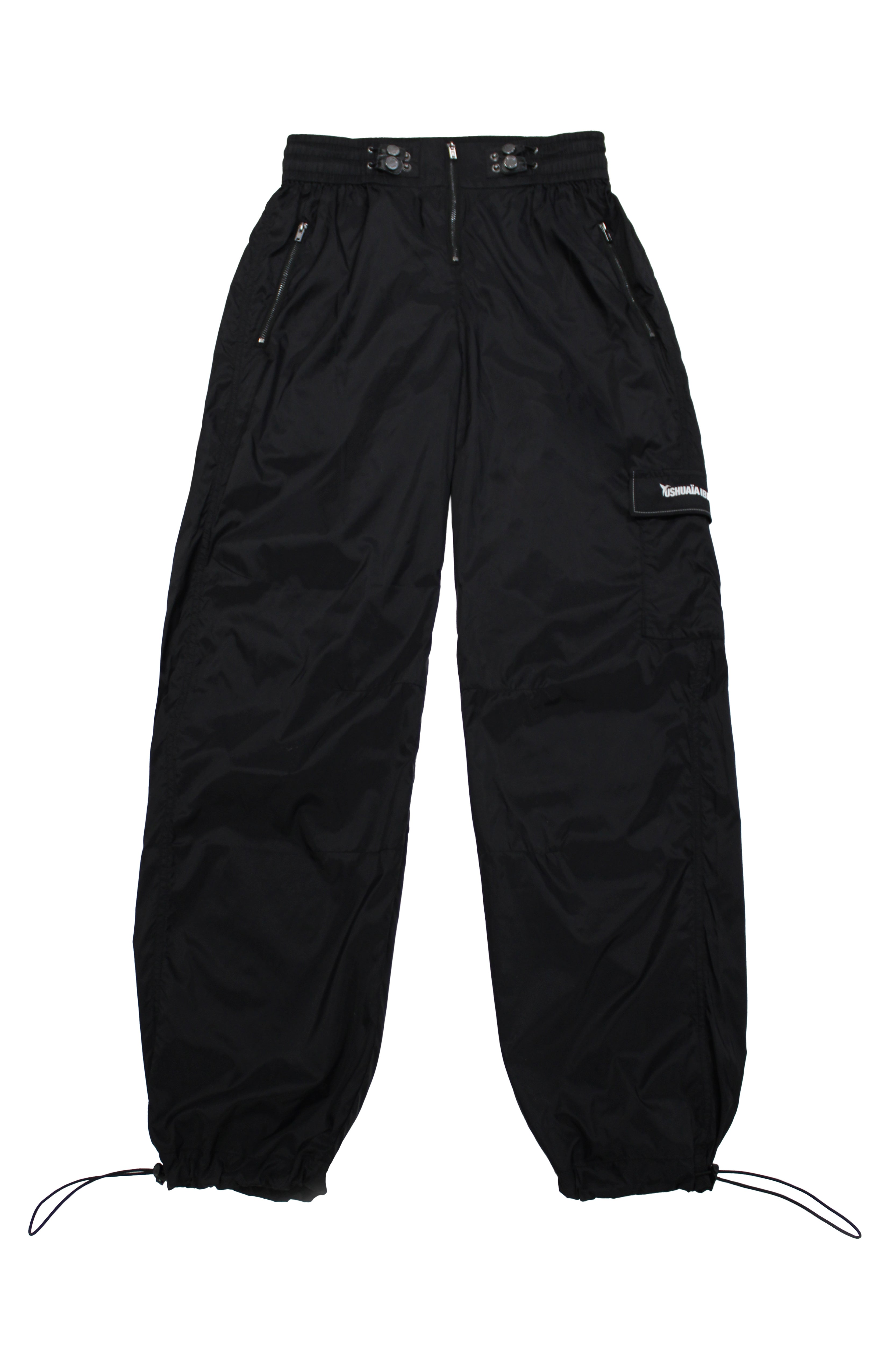 satin-effect cargo pants. Adjustable waistband with technical strap and metal buckle. Side cargo pockets and adjustable hems with elastic drawcord