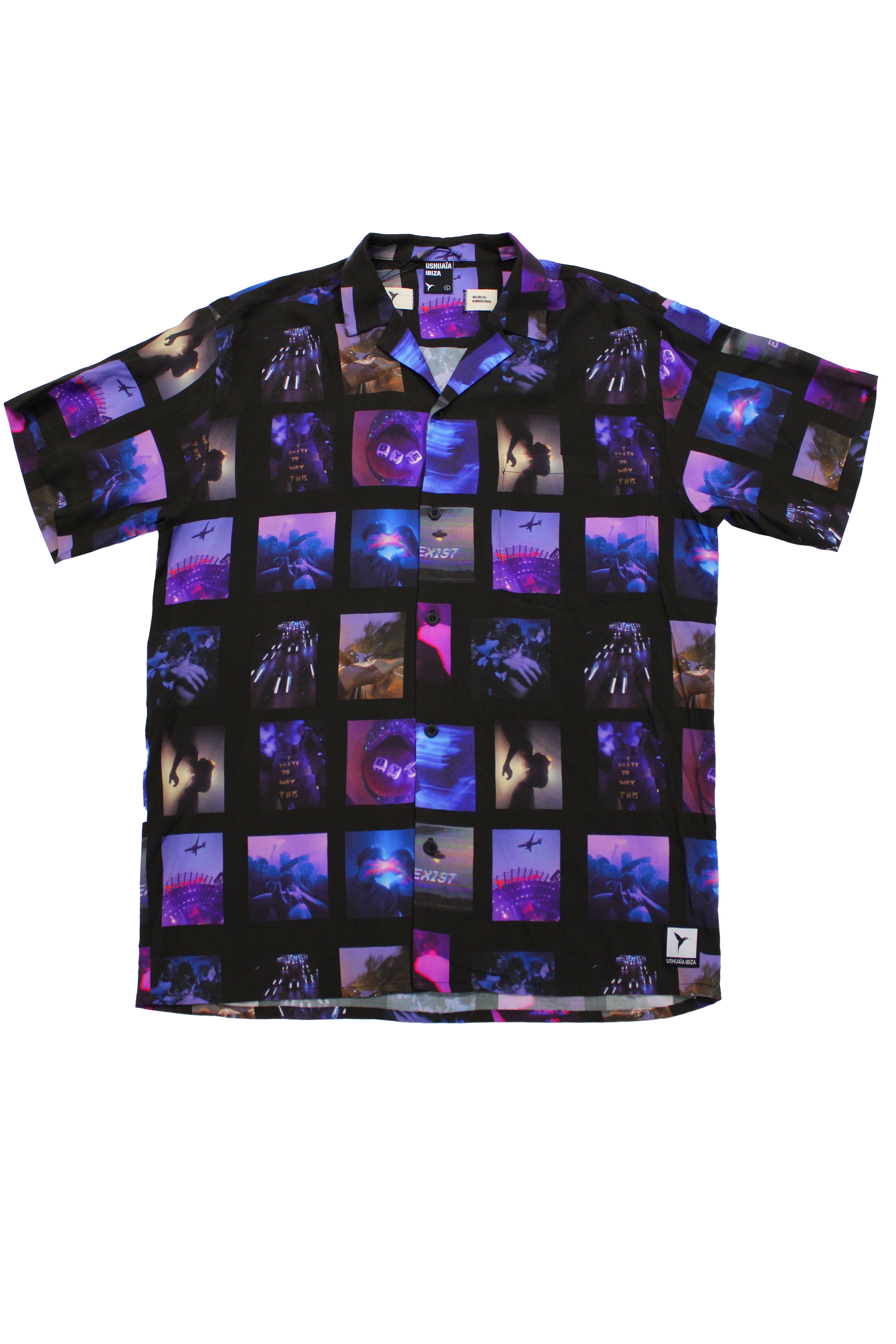 Printed shirt made of blend fabric. Lapel collar and short sleeve. Front button closure. Patch detail on the front and personalized label on the back.