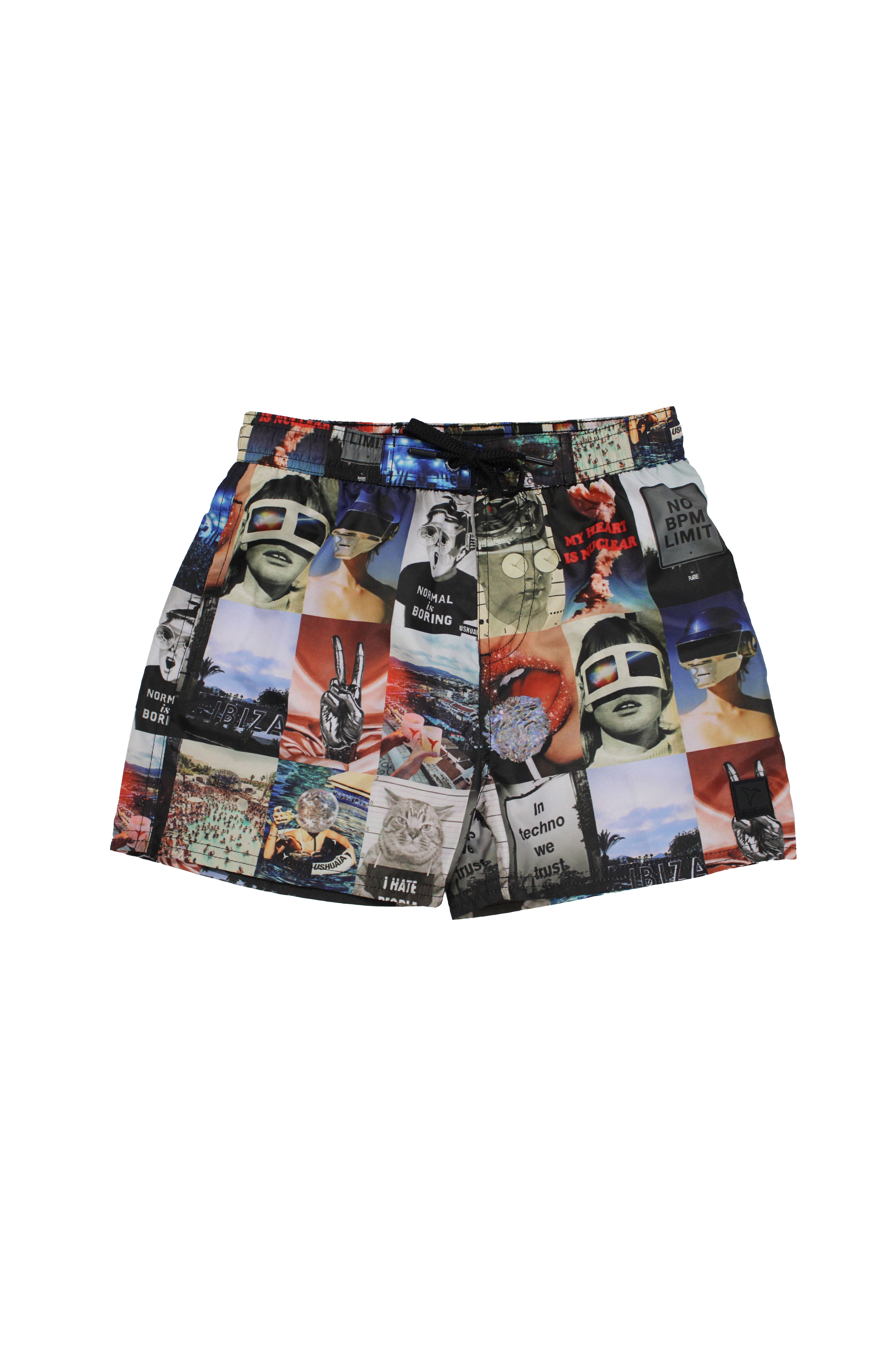 Swimsuit made of technical fabric. Adjustable elastic waistband with drawstring. Side pockets, rubberized application detail on the front and patch pocket on the back. Inner lining.