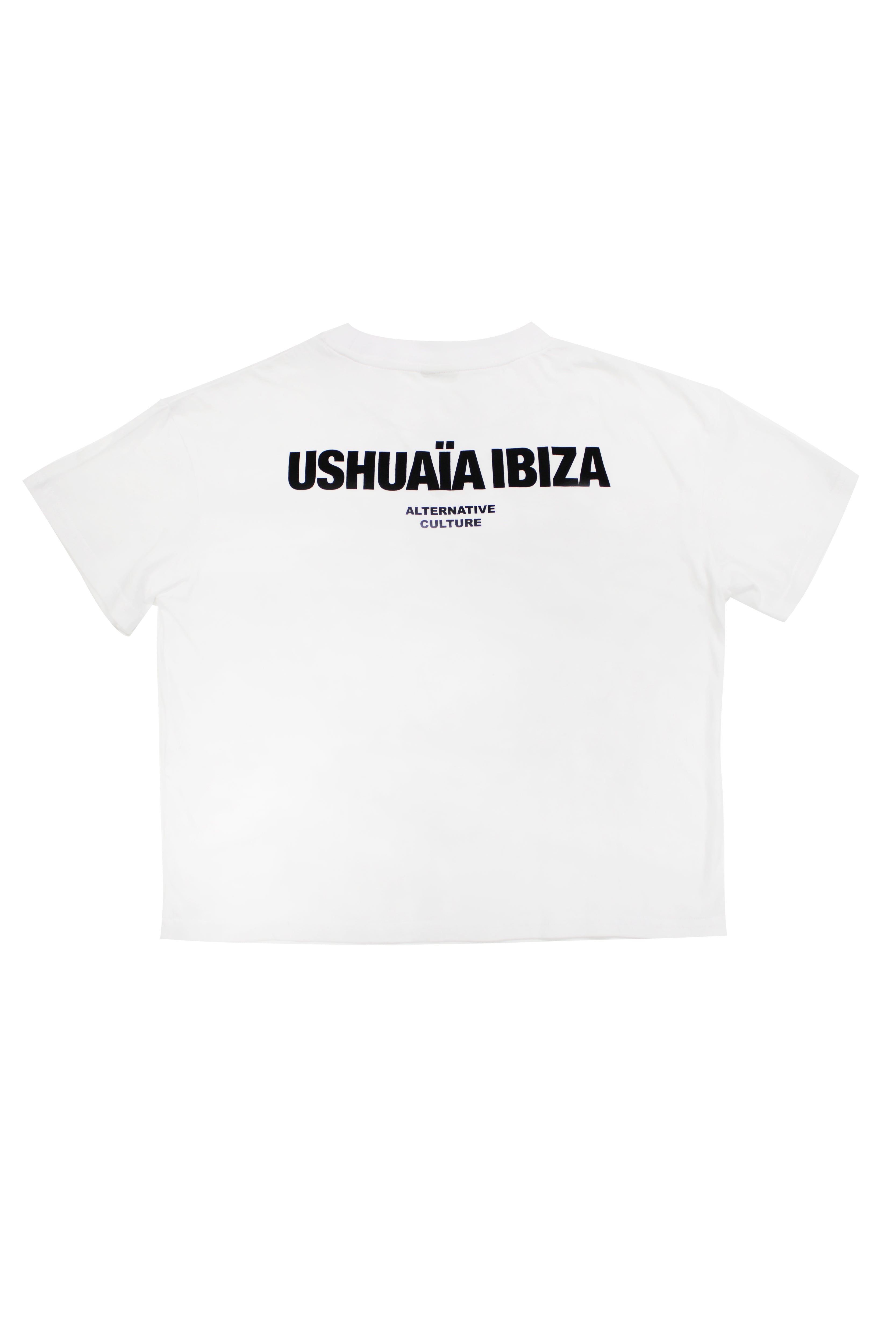 Classic white T-shirt with front & back print. Minimalist design for an effortless Ibiza look. Shop your summer essential now!