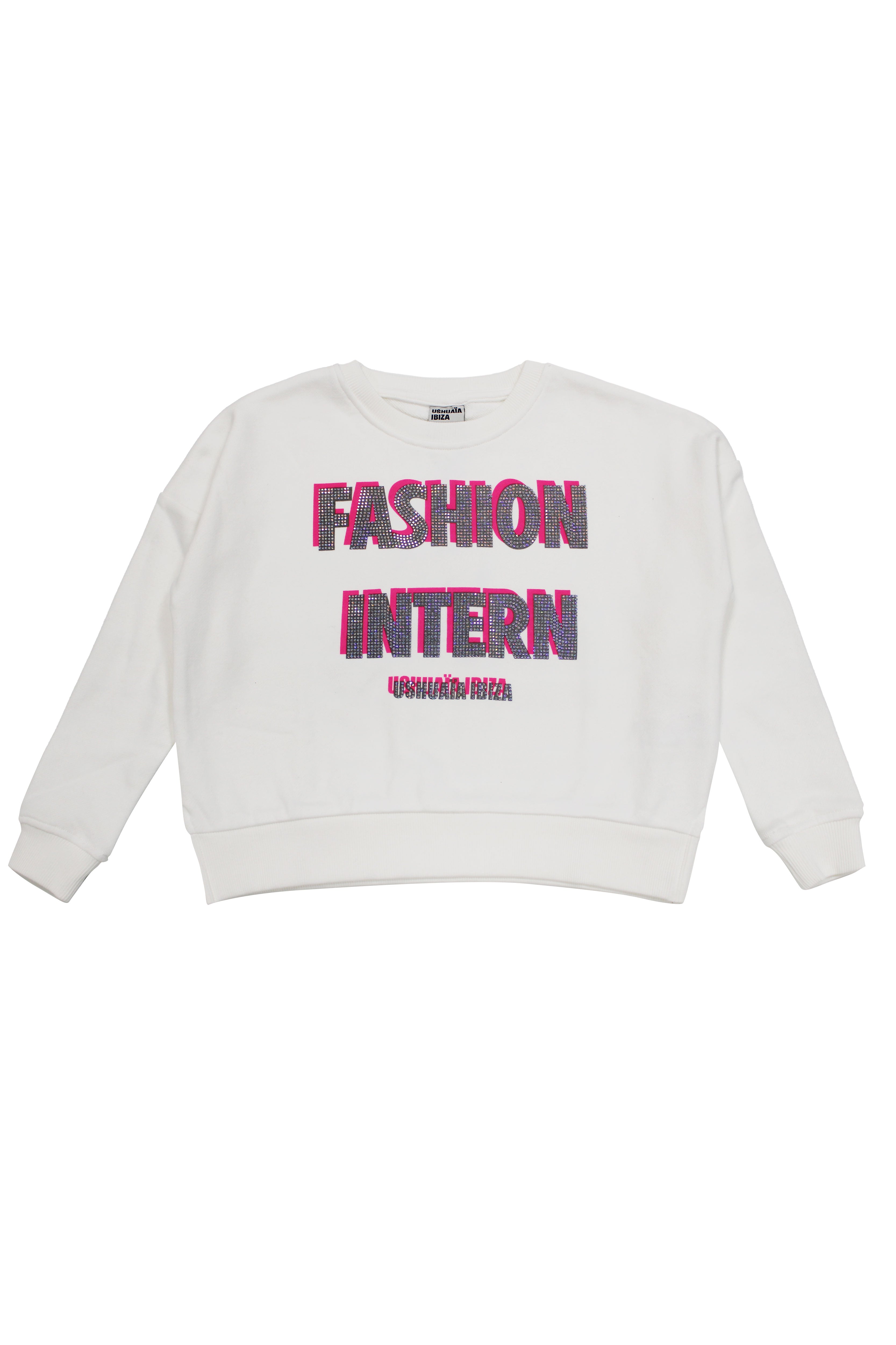 Cropped sweatshirt with round neck and long sleeves washed with peach effect. Contrast combined rhinestone print detail on the front. Side slits. Ribbed finishes.