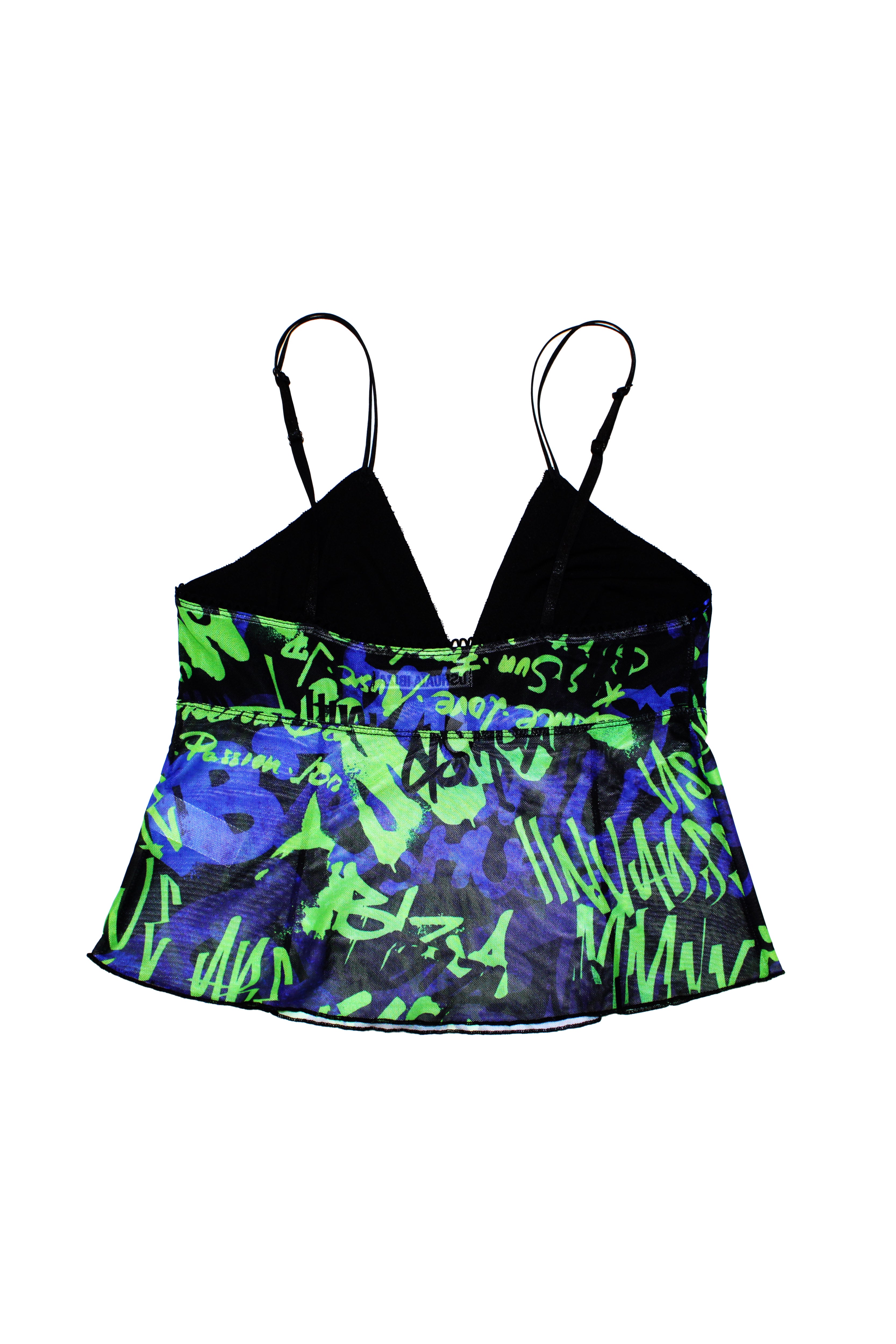 Printed lingerie tank top with adjustable straps. Bow detail with metallic ornament.