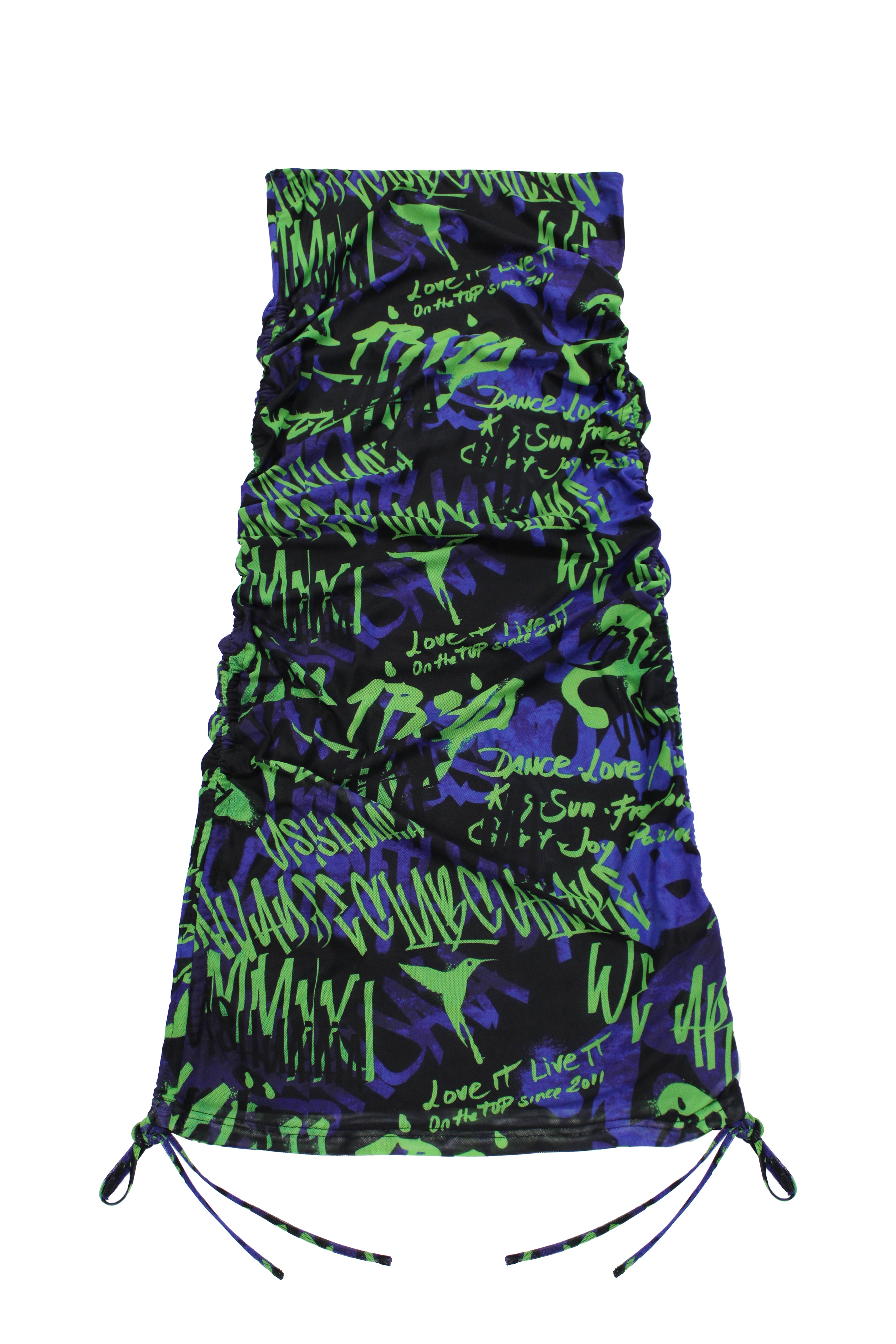 Elastic skirt with lining made of printed mesh fabric. Height adjustable with side rails with drawstring