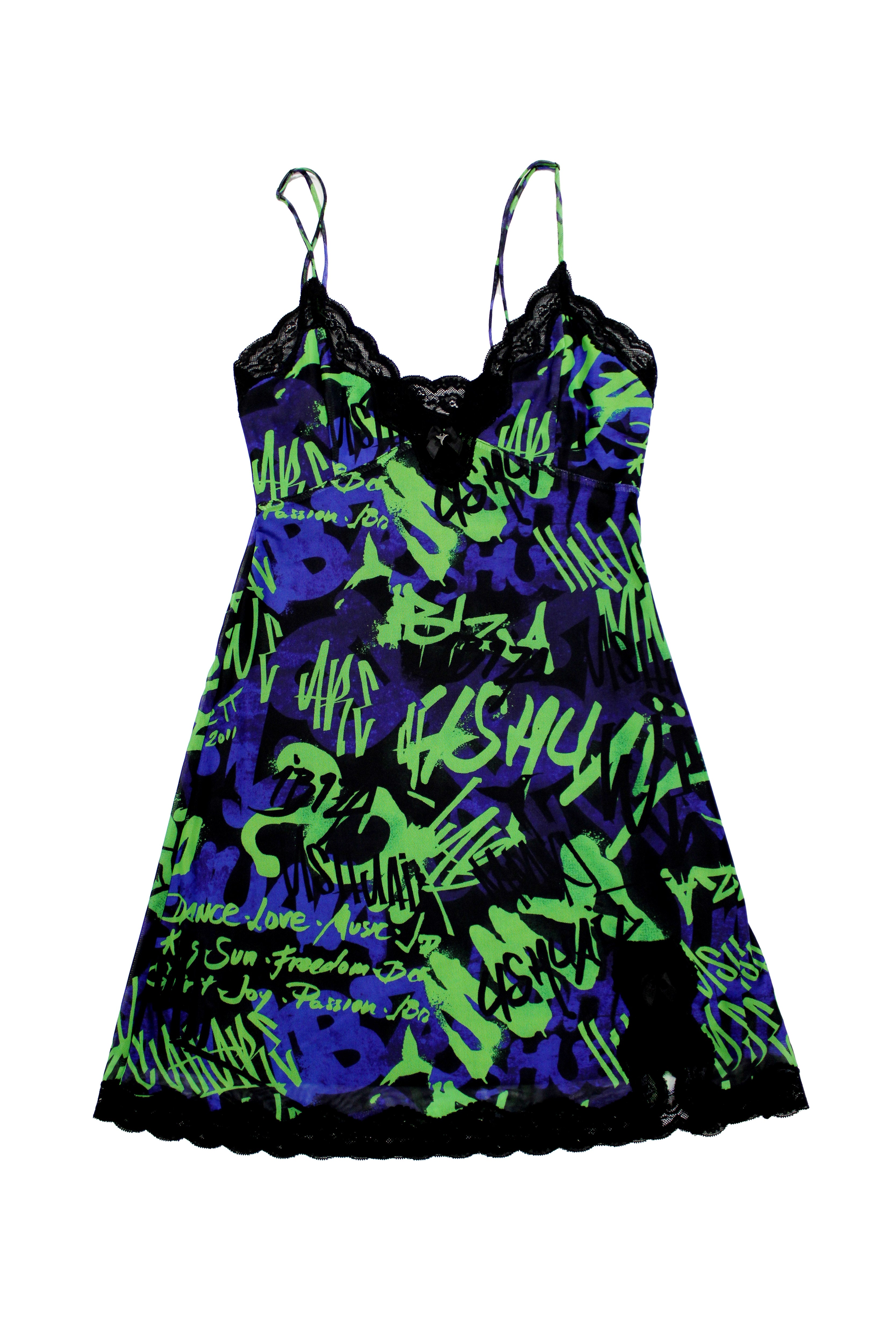 Elastic printed lingerie dress with lining. Adjustable straps. Lace and bow detail with metallic ornament on neckline and hem opening.