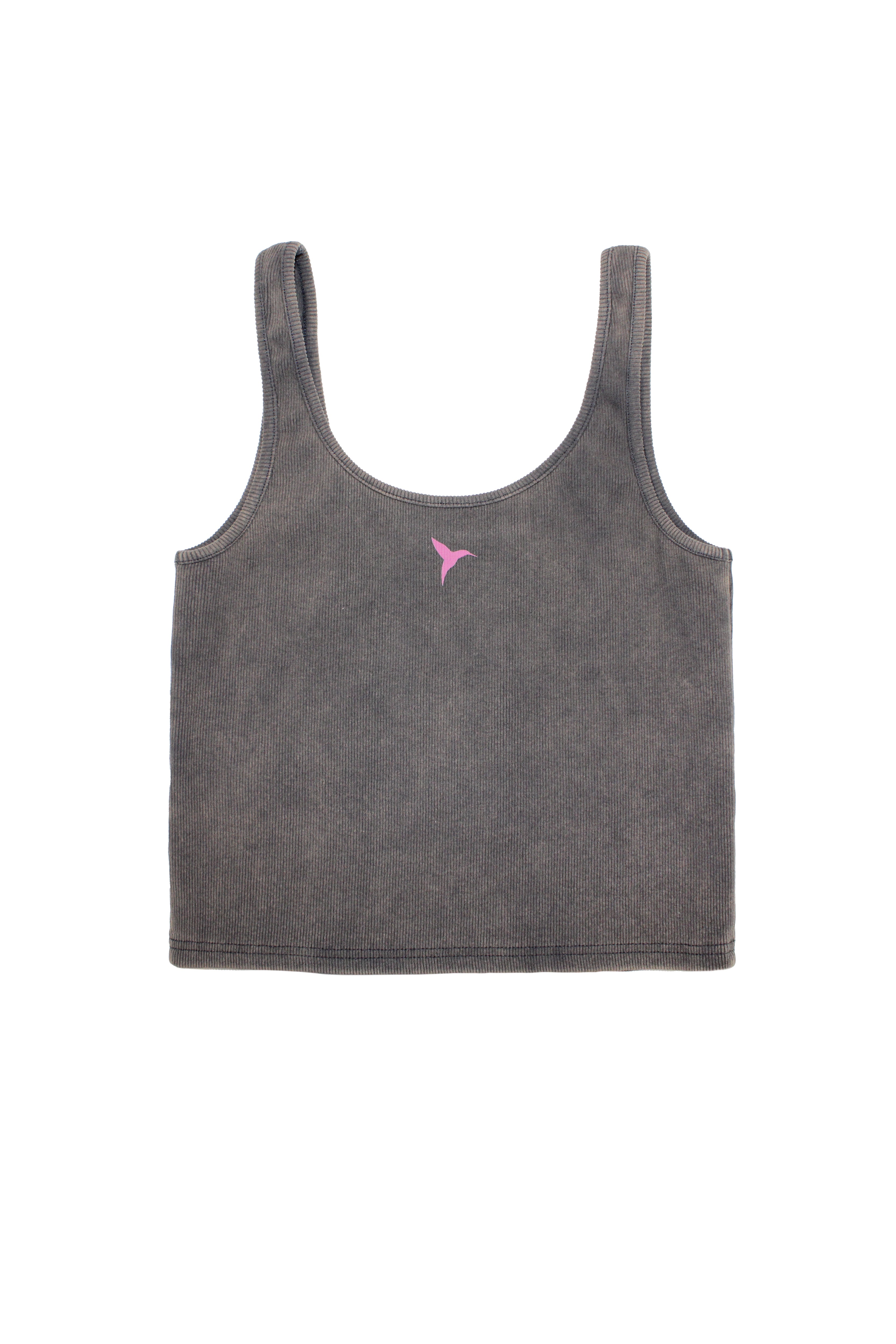 Rib tank top with round neck and washed armhole sleeves with fade out effect. Rubber-effect print detail on the front.