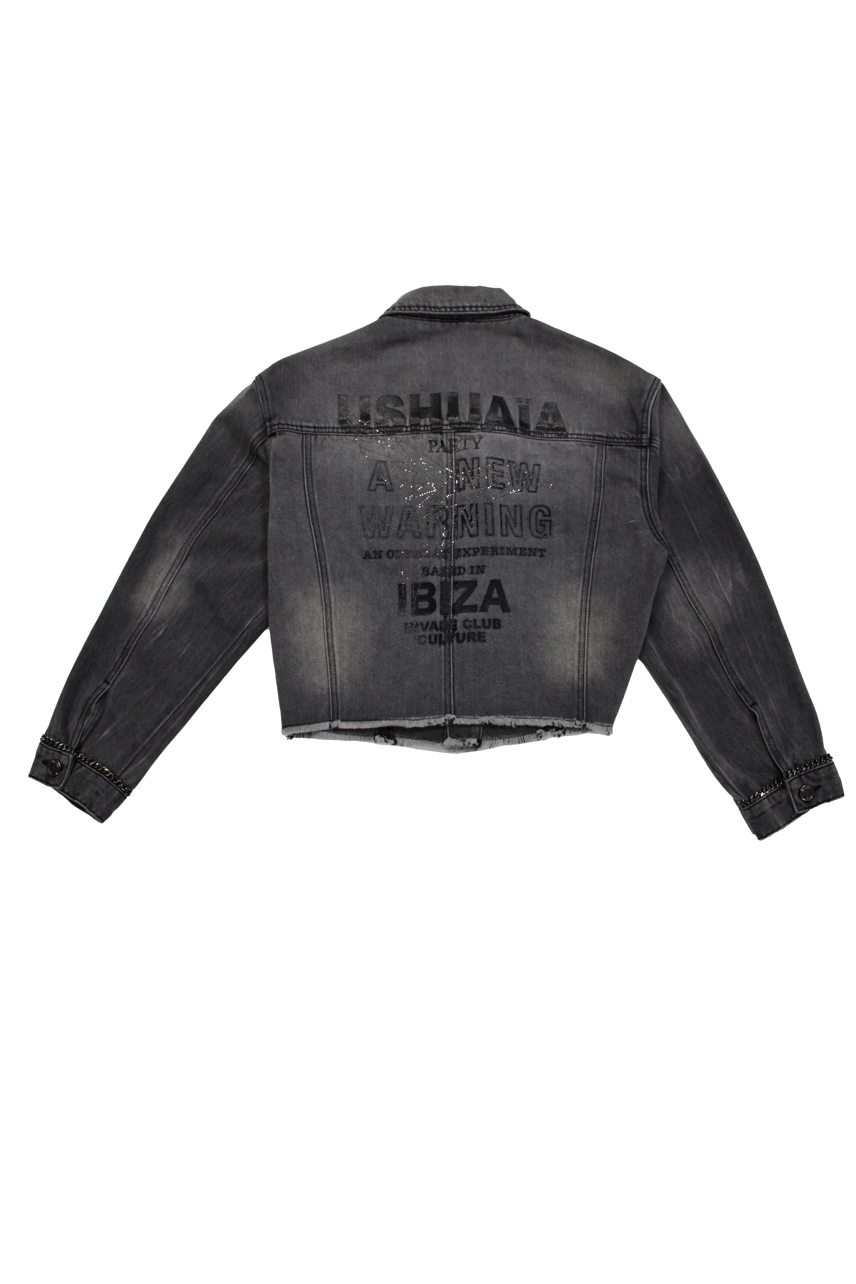 Cropped denim jacket with lapel collar and long washed sleeves with fade out effect. Front closure with metallic buttons. Chain detail on the front and cuffs and contrast combined rhinestone print on the back.
