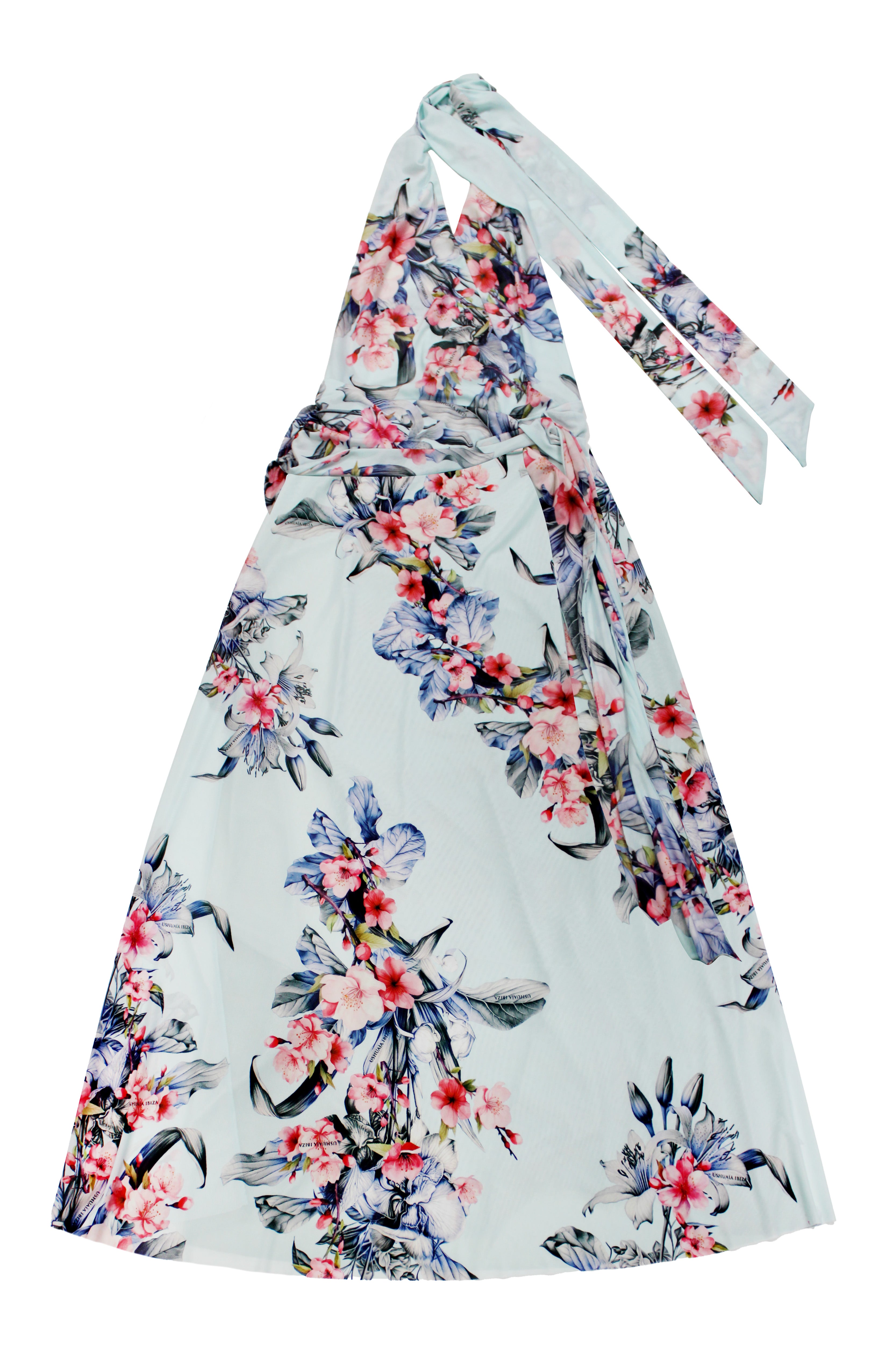 Long multi-position dress with all-over print finish and side slit.