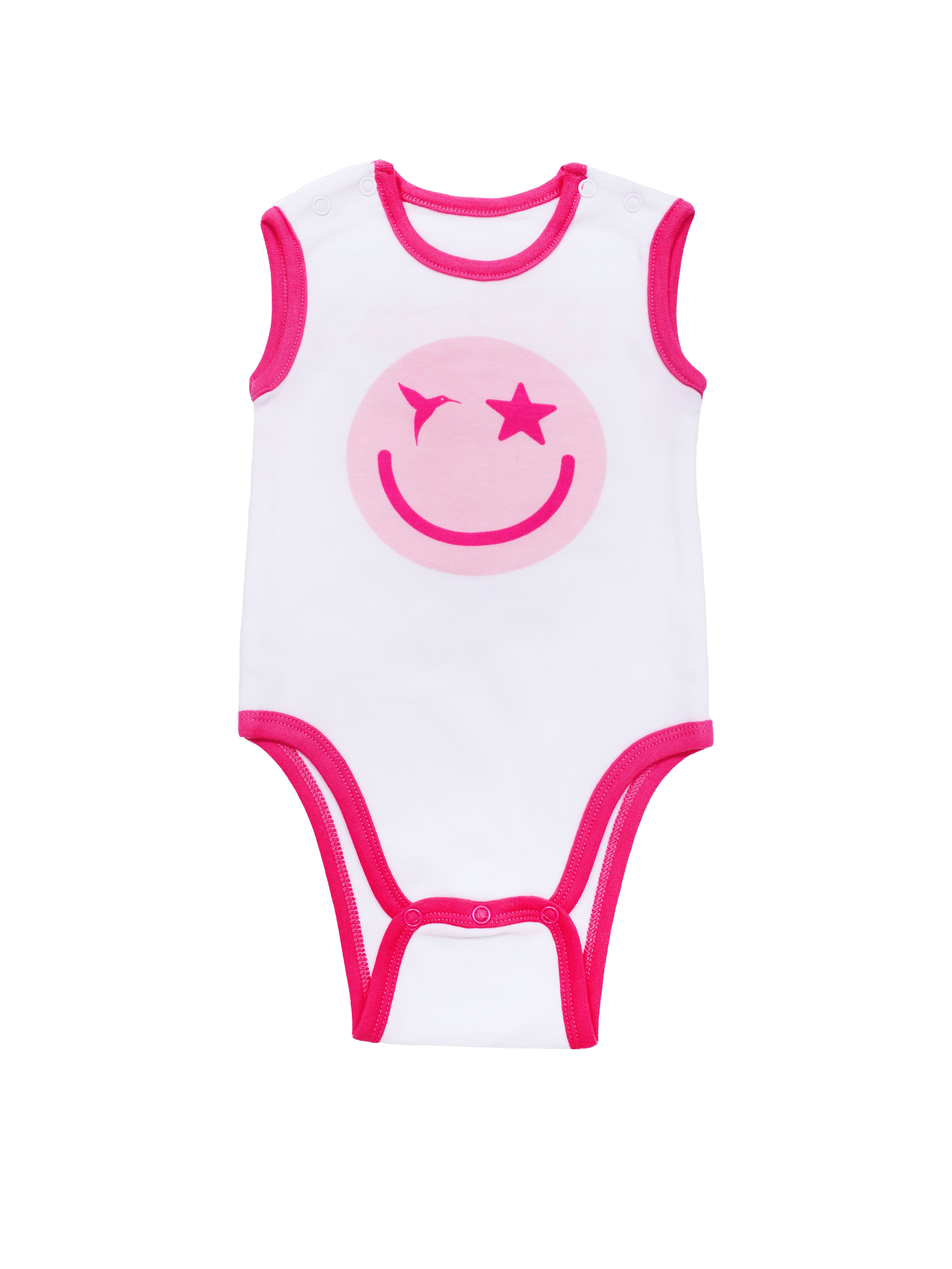 Baby bodysuit 100% cotton with snap closures on shoulder and bottom. Front and back print. Ideal for comfort and style.