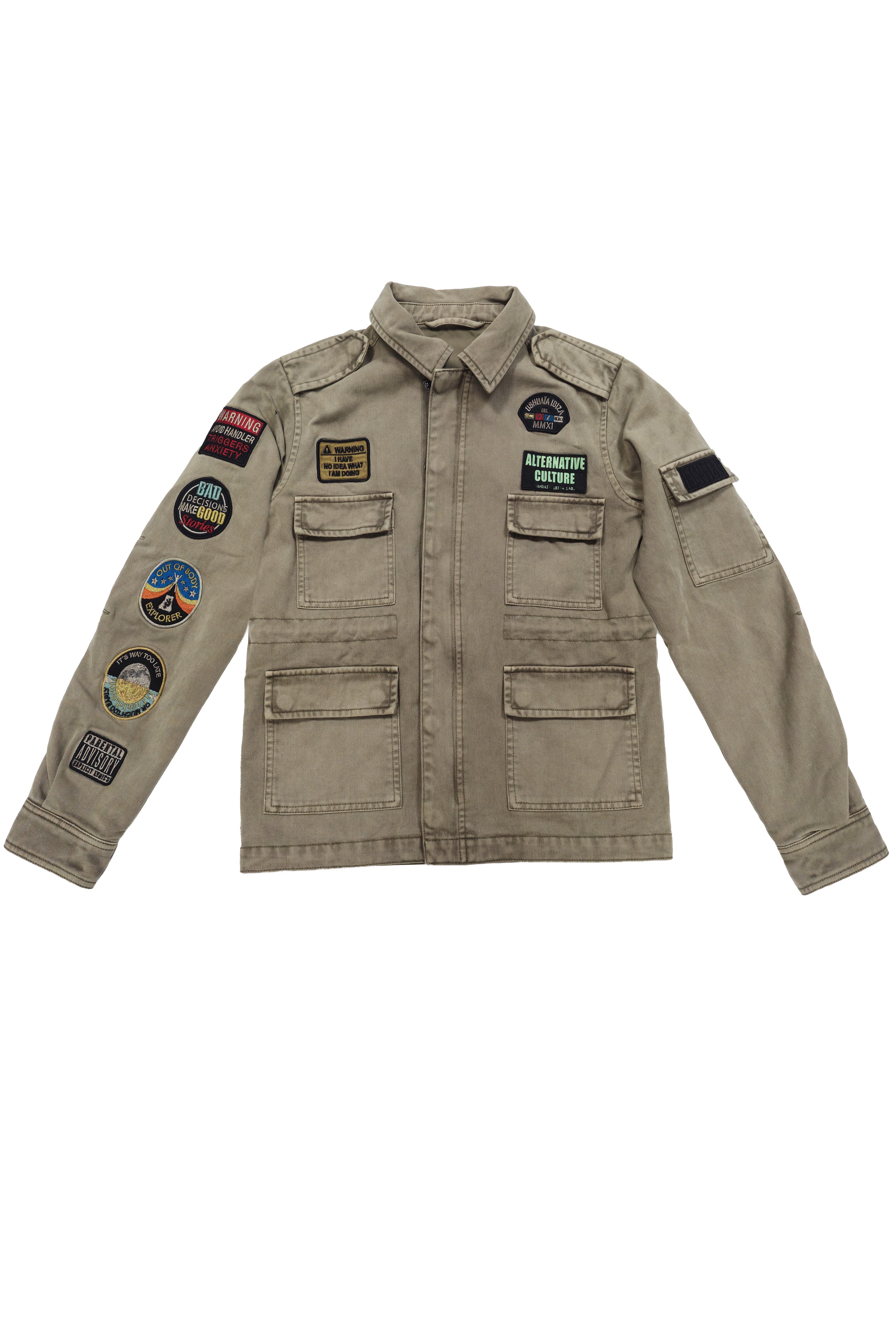 Military jacket with patch details on the sleeves and front, and embroidery on the back.