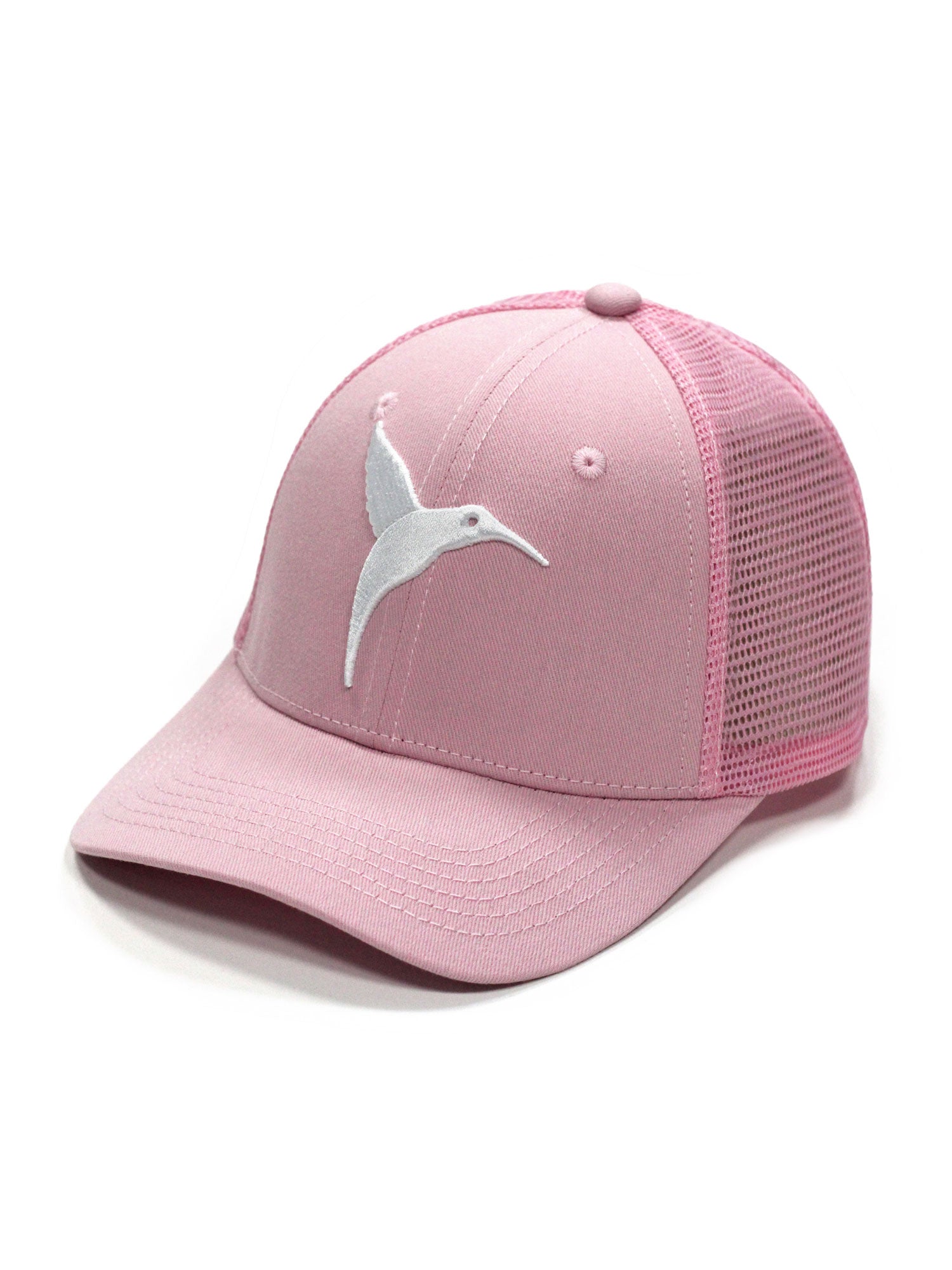 Pink Ushuaïa Ibiza trucker cap with white hummingbird logo and mesh back panels