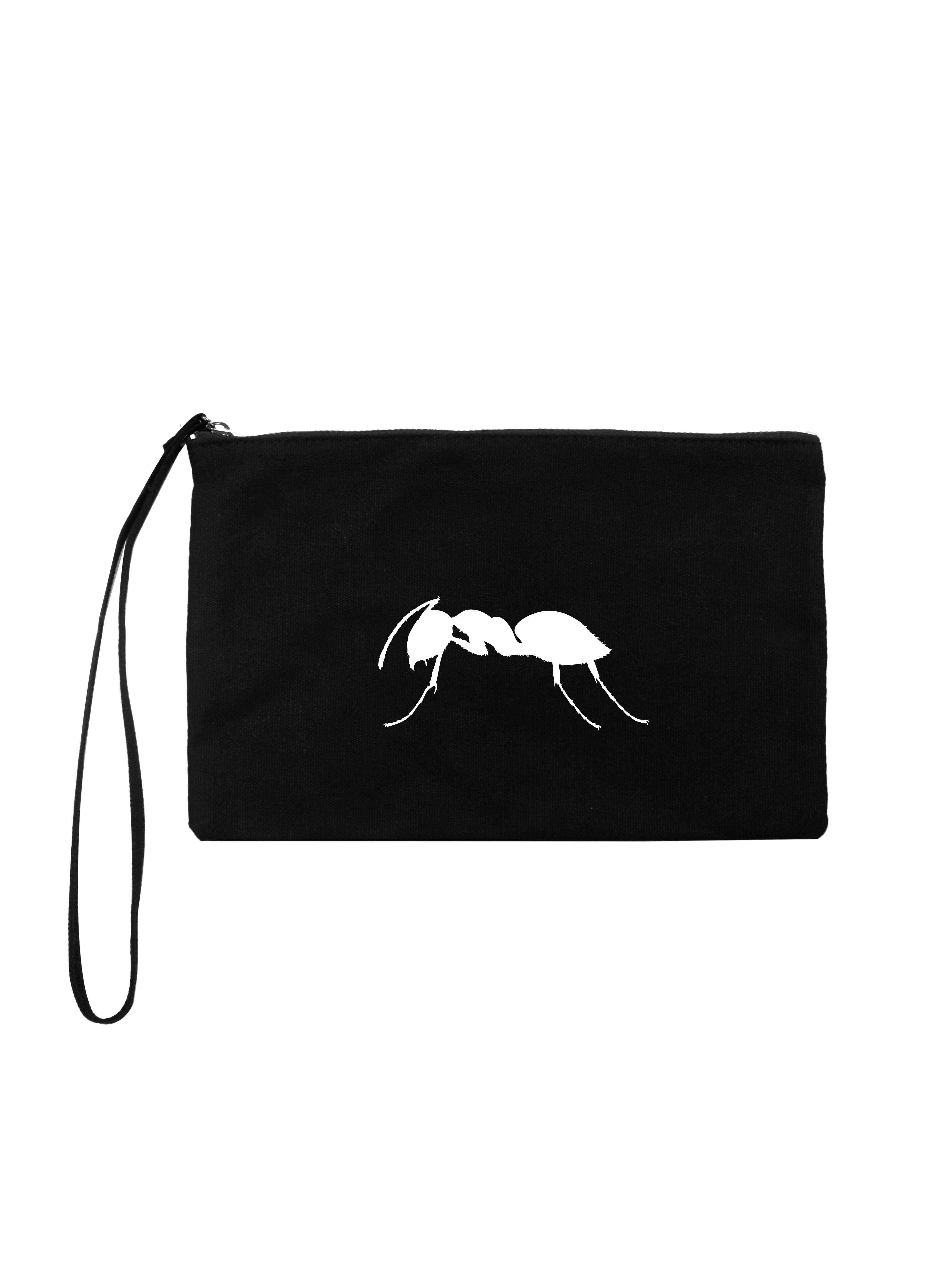Compact black canvas bag featuring the iconic white ANTS logo.
Includes a wrist strap for easy carrying and a secure zip closure.
Lightweight and versatile, ideal for keeping essentials at hand — from daywear to the dance floor.