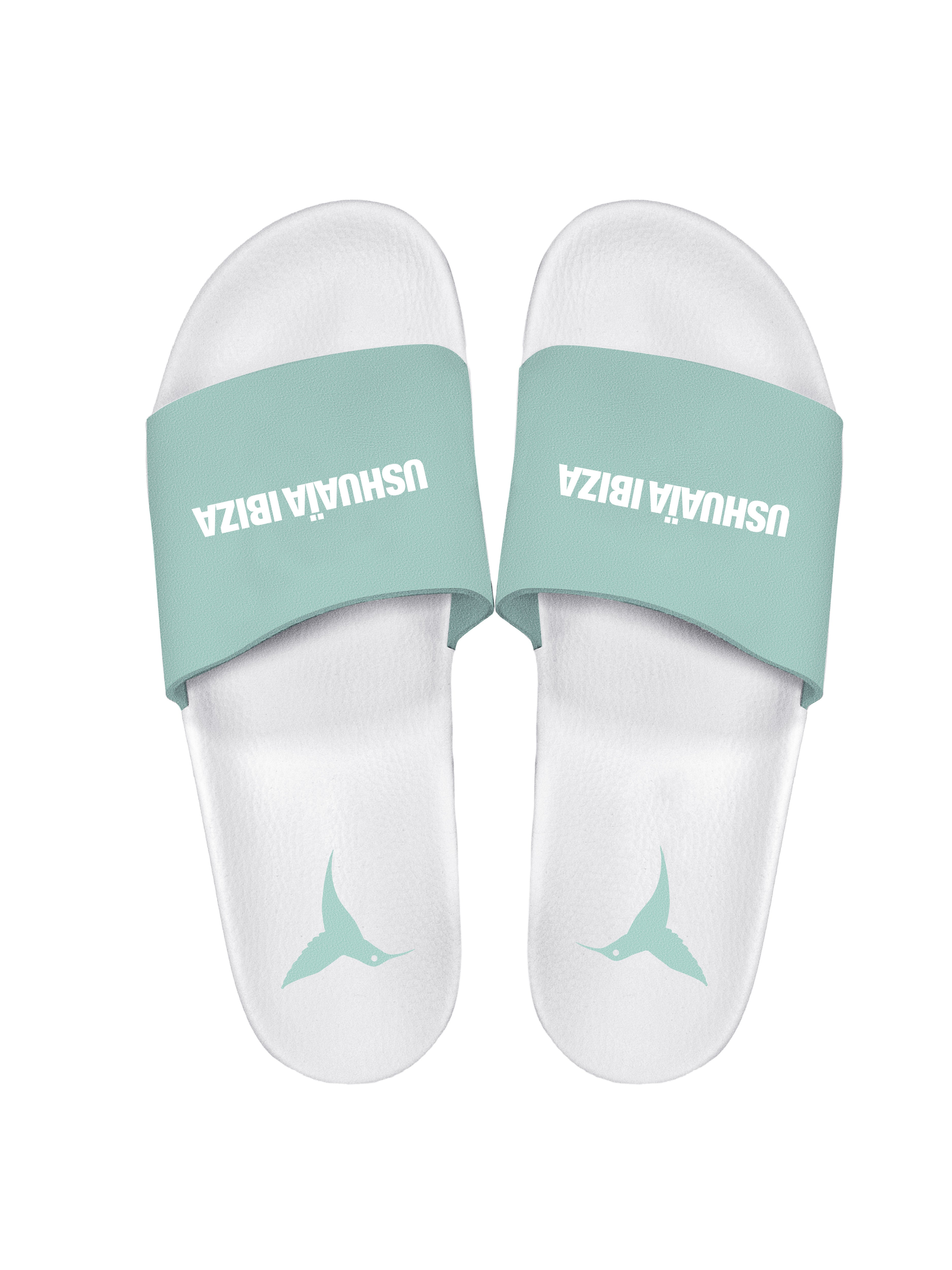 Sky blue flip flops with white logo.Polyurethane sole with cotton and polyester lining.Screen printing and engraving in high frecuency