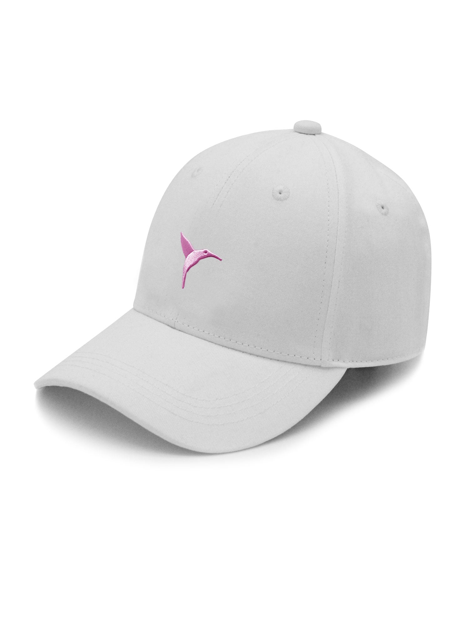 White cotton Ushuaïa Ibiza cap featuring a pink embroidered hummingbird detail.