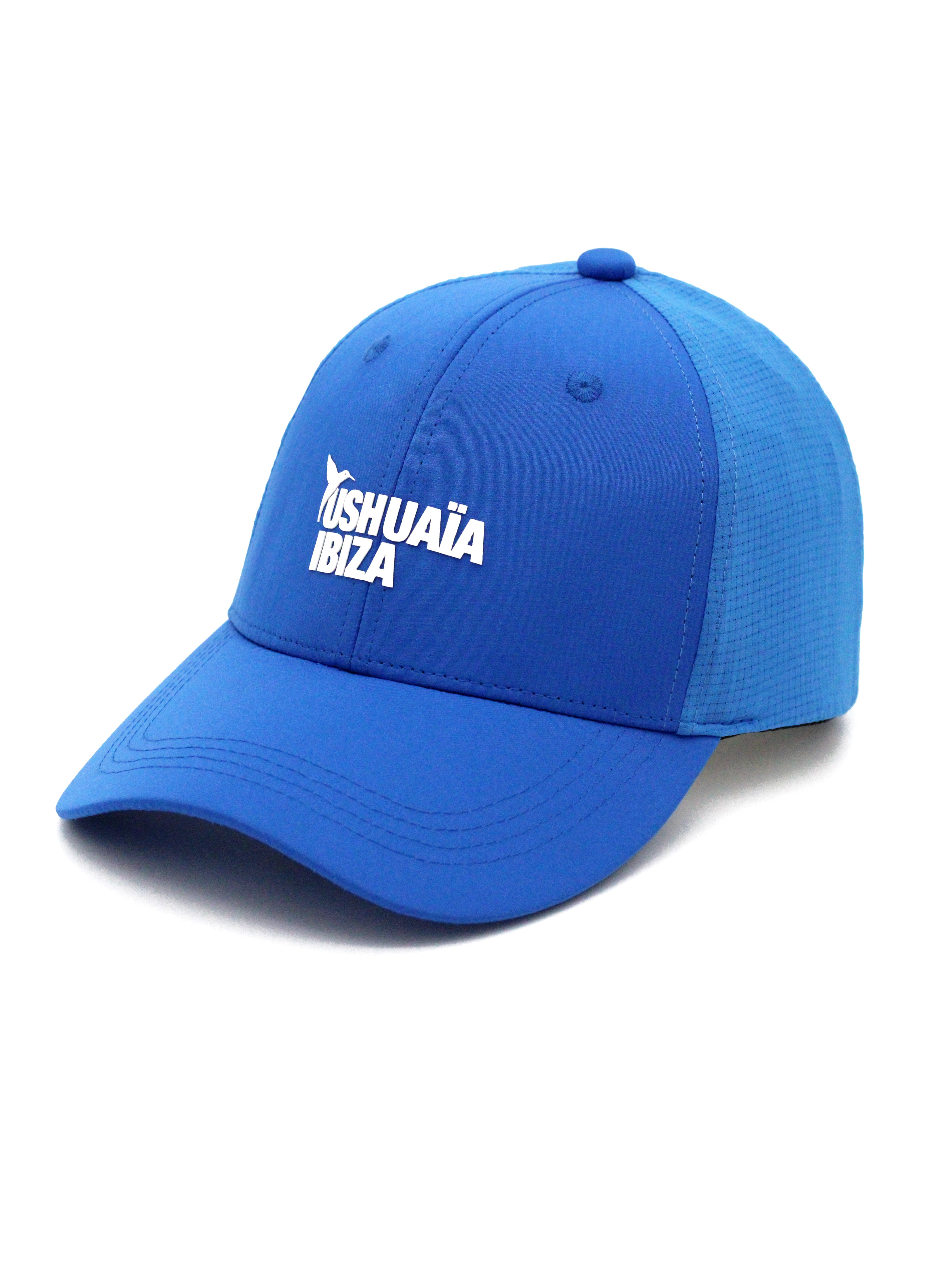 Blue curved visor cap with Ushuaïa Ibiza logo in rubber print finish on the front. Back panel in polyester mesh fabric for enhanced breathability. Adjustable strap for a comfortable fit.