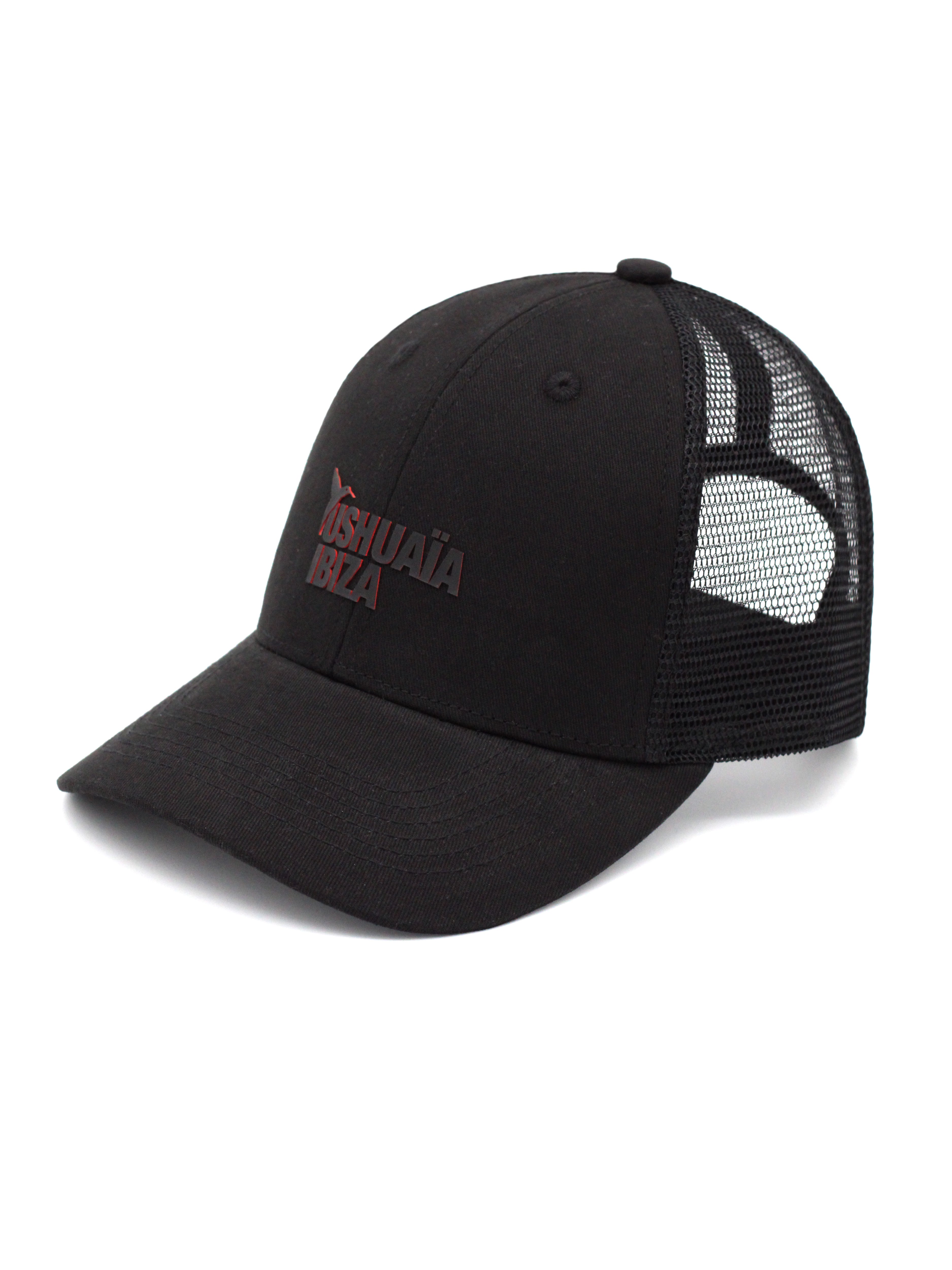 Black Ushuaïa Ibiza trucker cap with tonal rubber logo and mesh back panels
