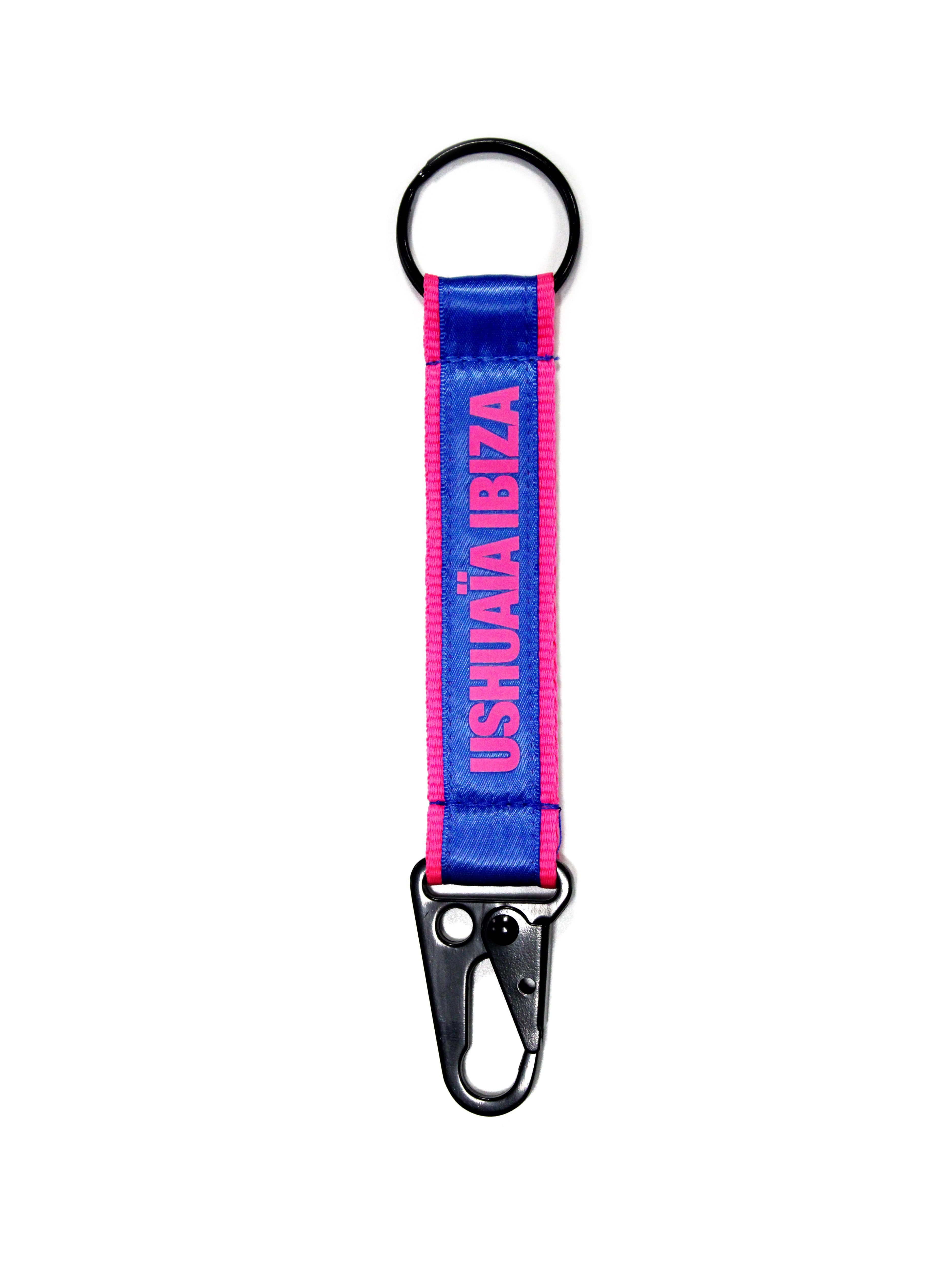 Blue and pink Ushuaïa Ibiza woven keychain with metallic clip