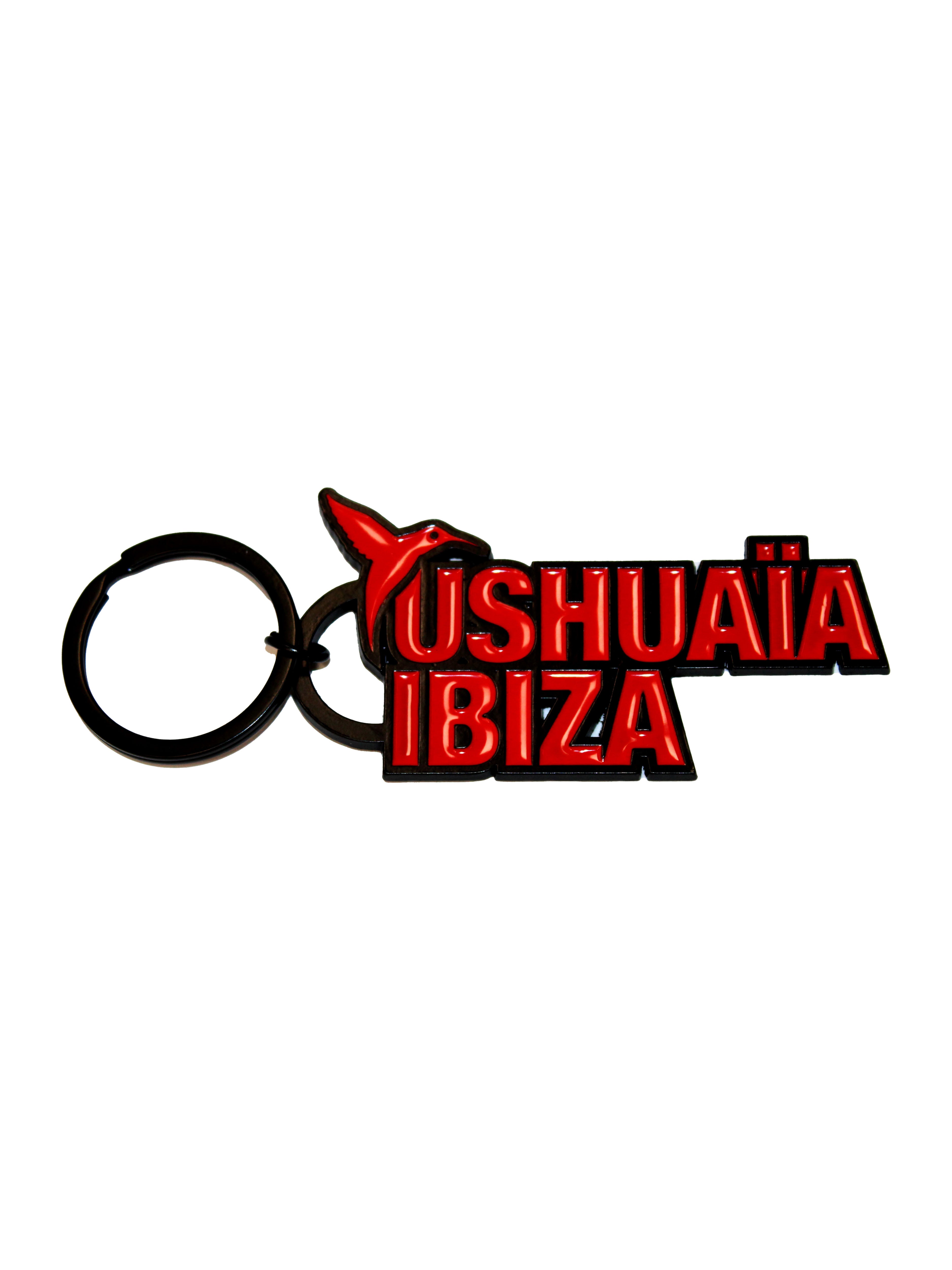 Red Ushuaïa Ibiza logo keychain with raised PVC design and black metal ring