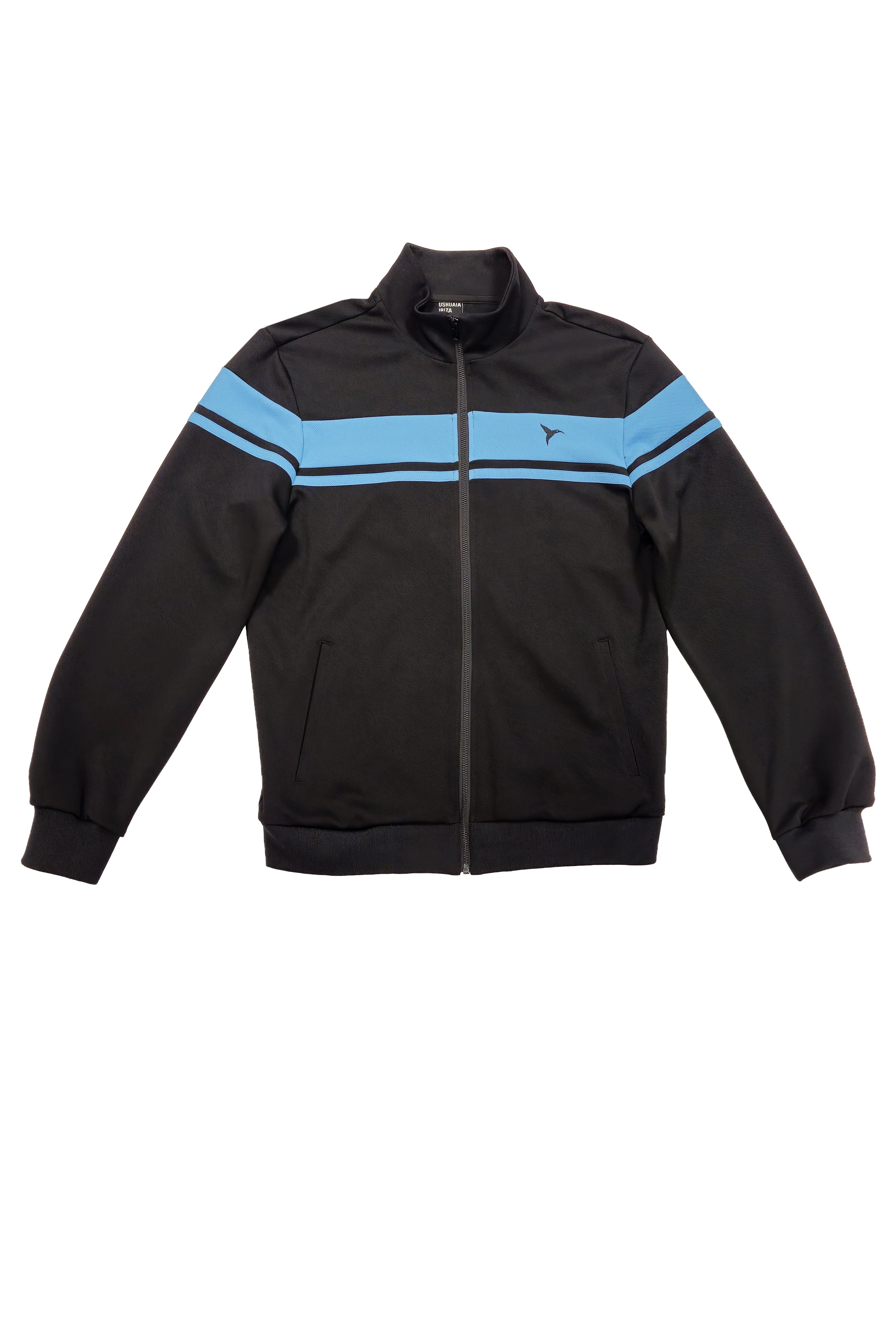 sudadera negra hombre cremallera banda azul