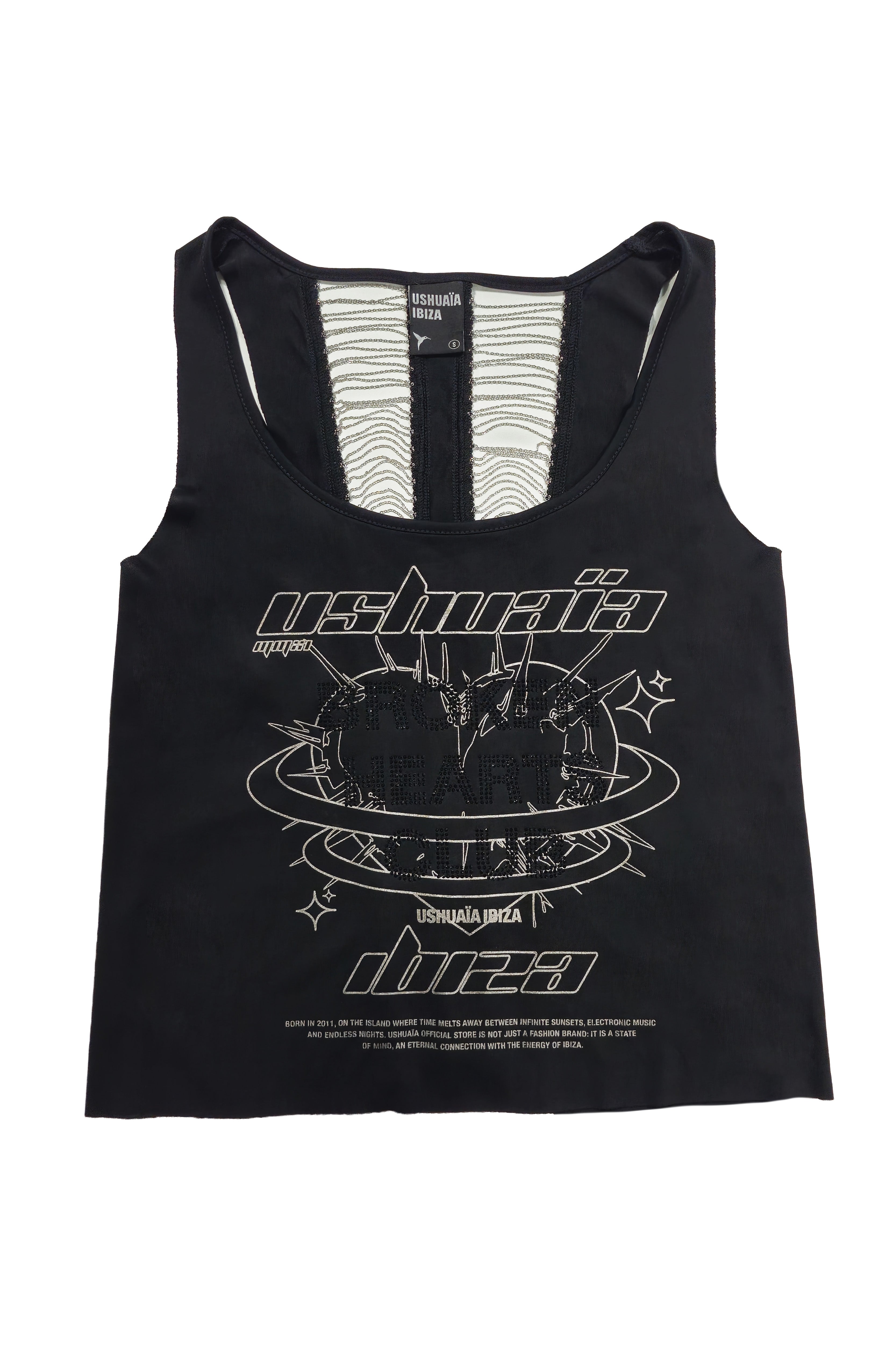 camiseta tirantes mujer negra logo grafico y cadenas espalda detalle