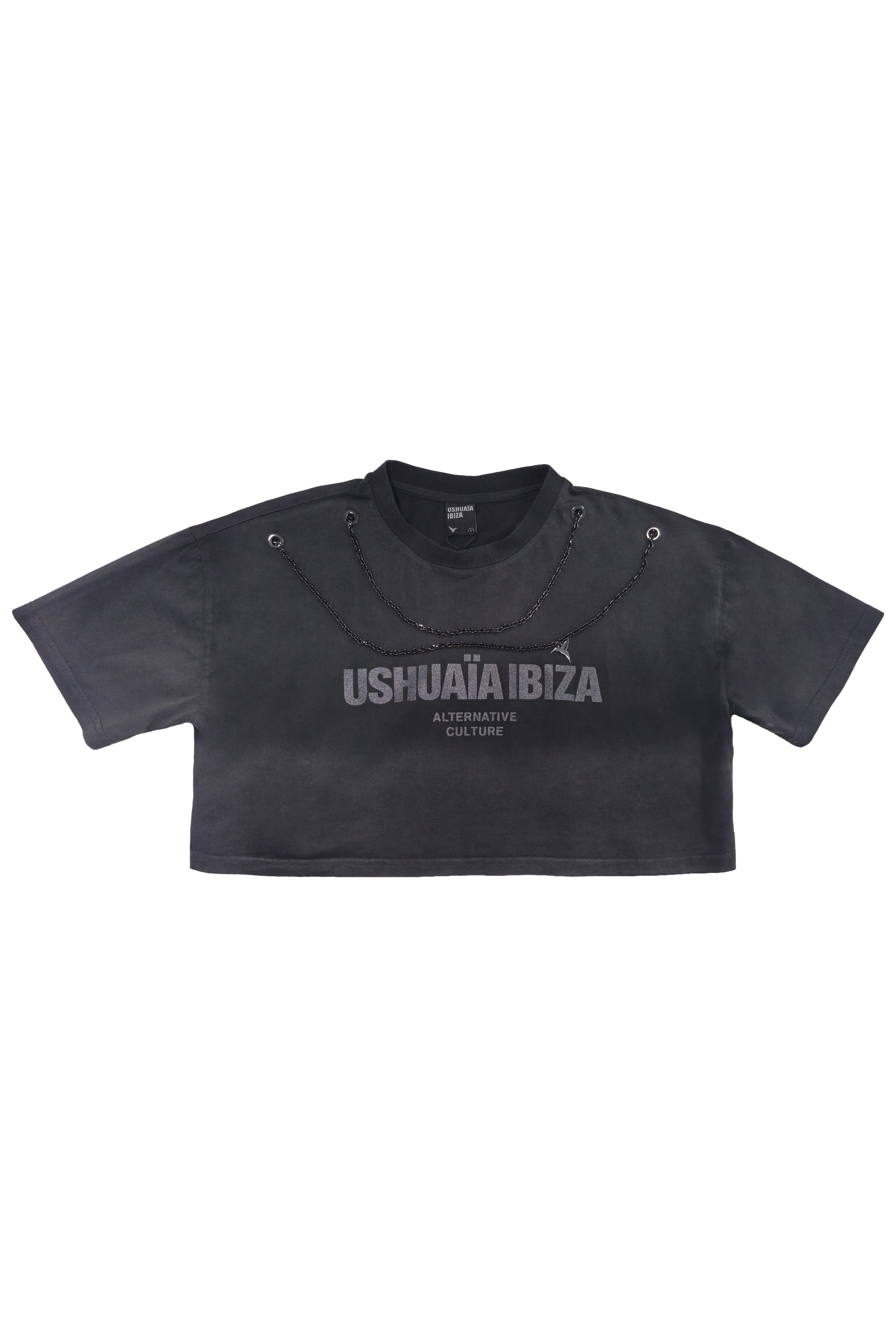 camiseta mujer negra crop cadenas ushuaia