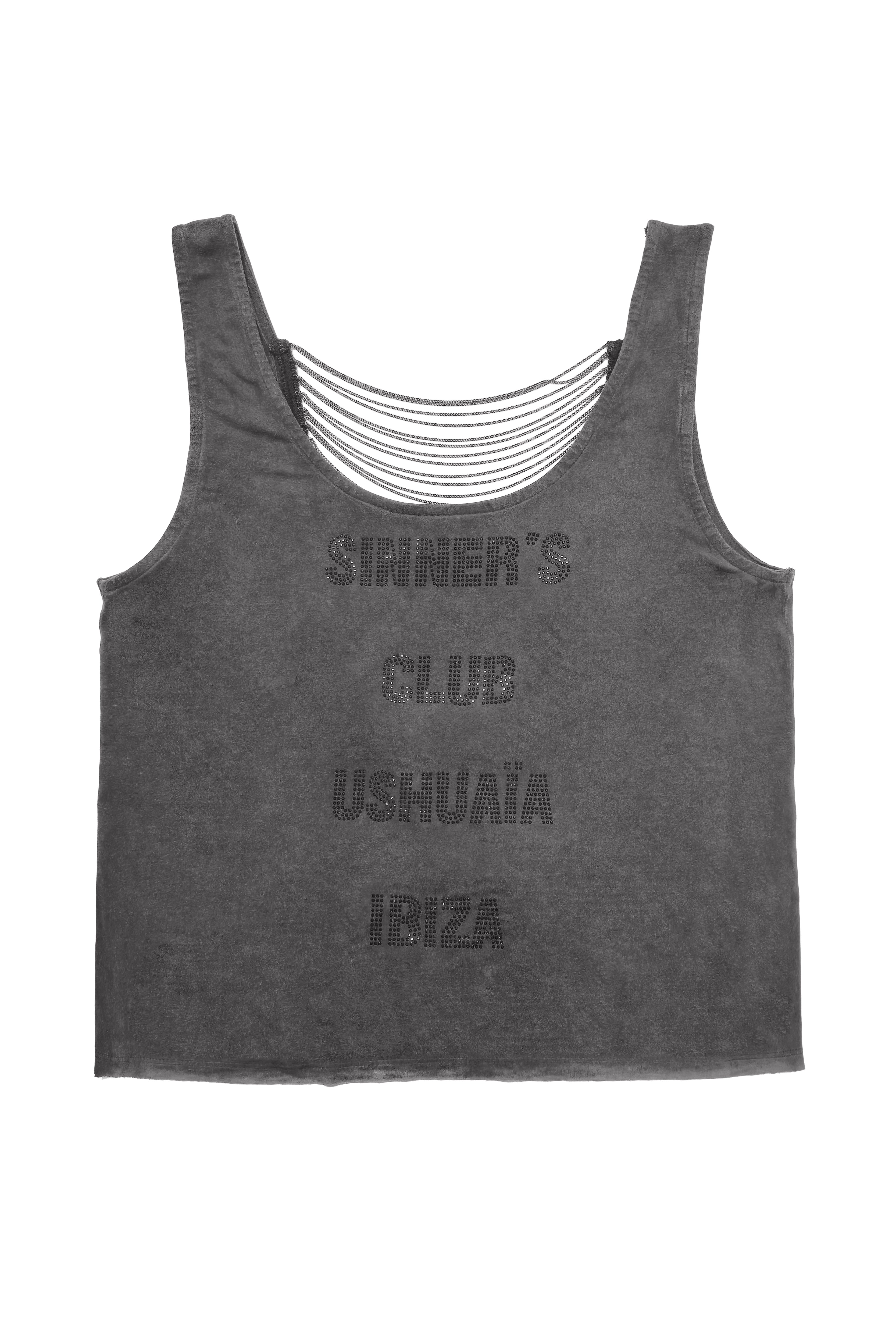 camiseta tirantes mujer negra grafico frontal y cadenas espalda