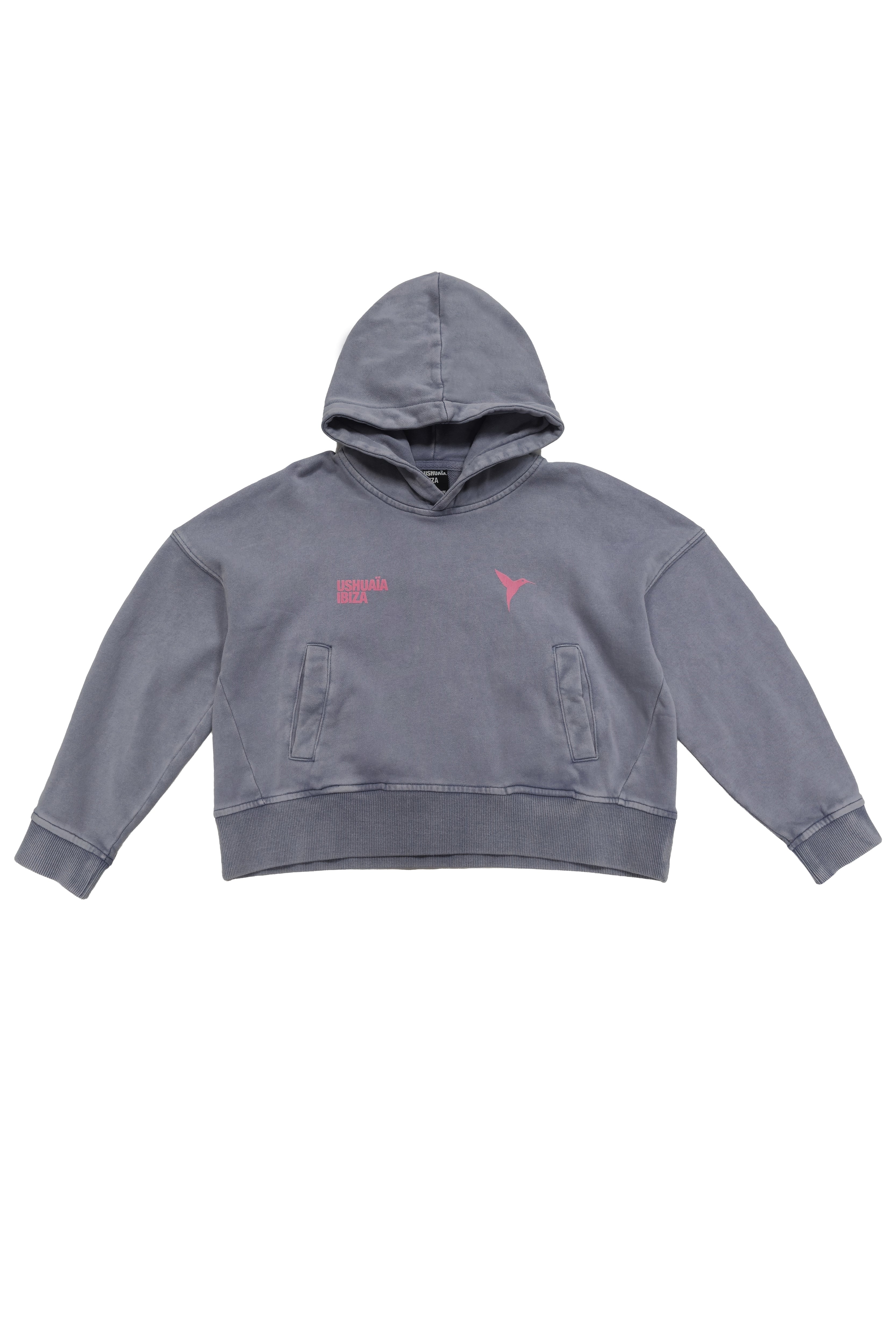 sudadera niña algodón gris acid wash capucha logo ushuaïa