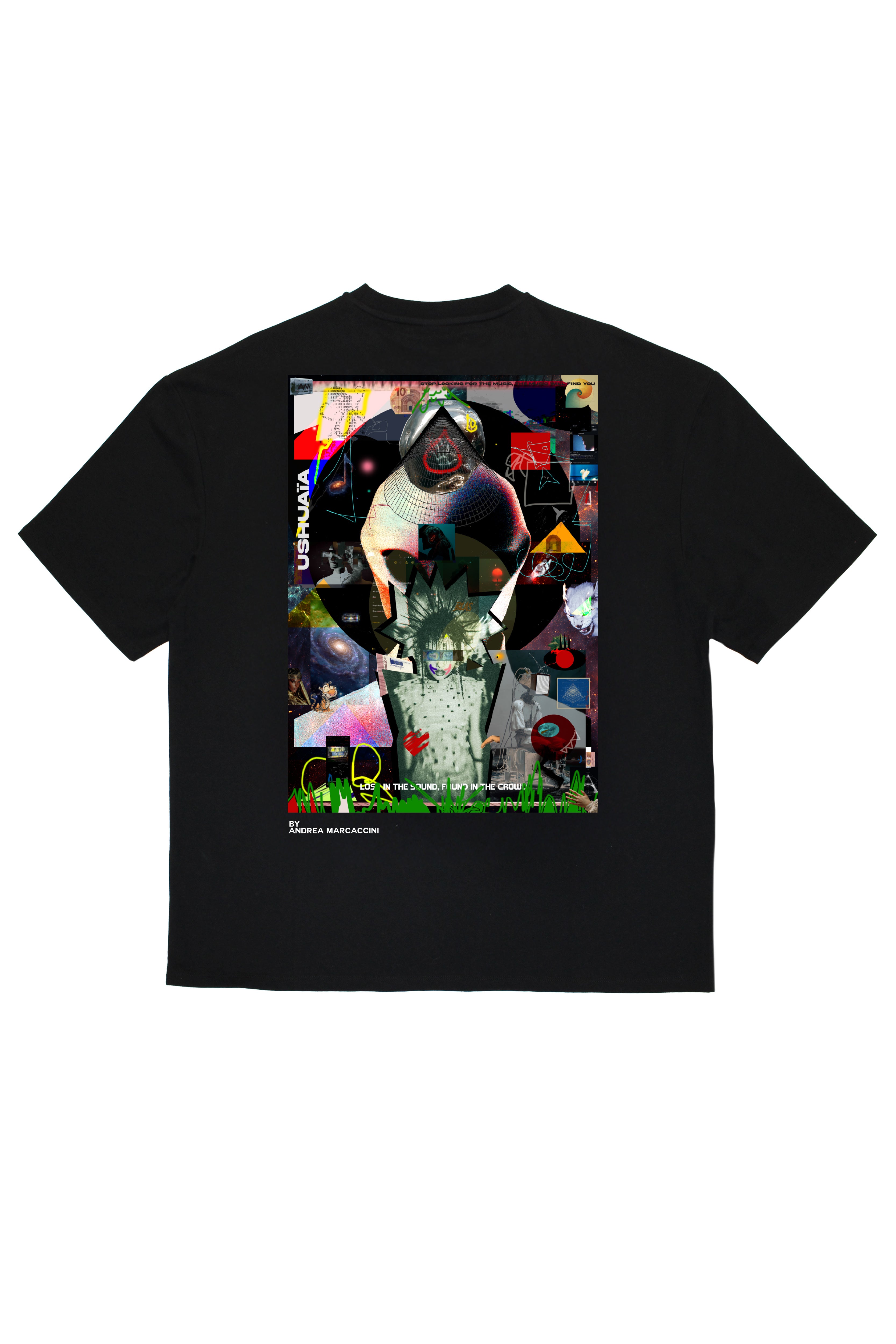Camiseta negra super oversize Ushuaïa x Marcaccini con gráfico en la espalda