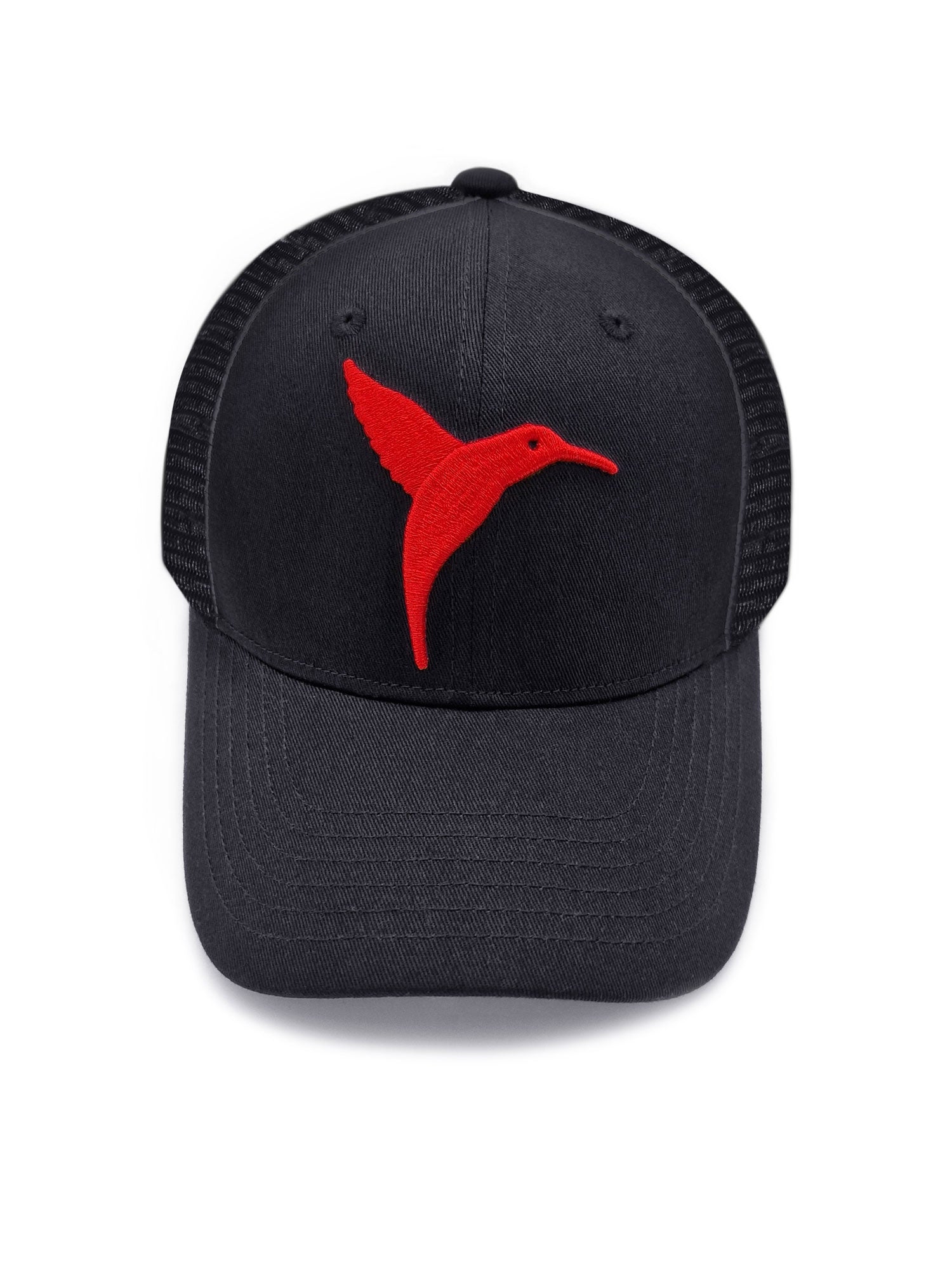 Black Ushuaïa Ibiza cap with red hummingbird detail and mesh back panels
