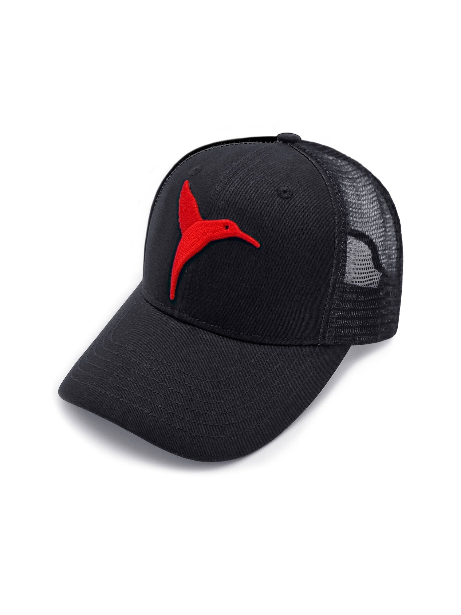 Black Ushuaïa Ibiza cap with red hummingbird detail and mesh back panels