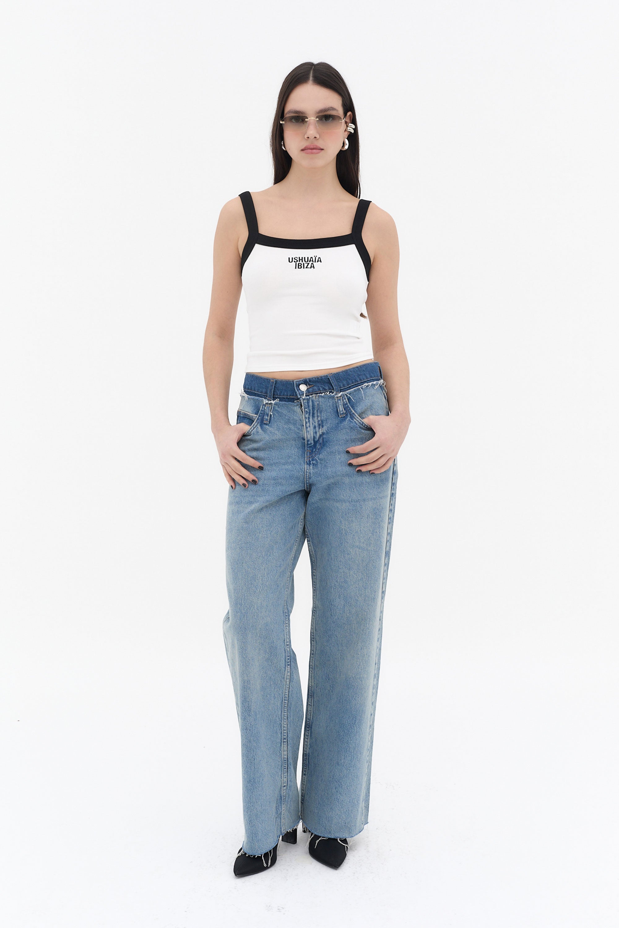 camiseta tirantes mujer blanca rib contraste negro