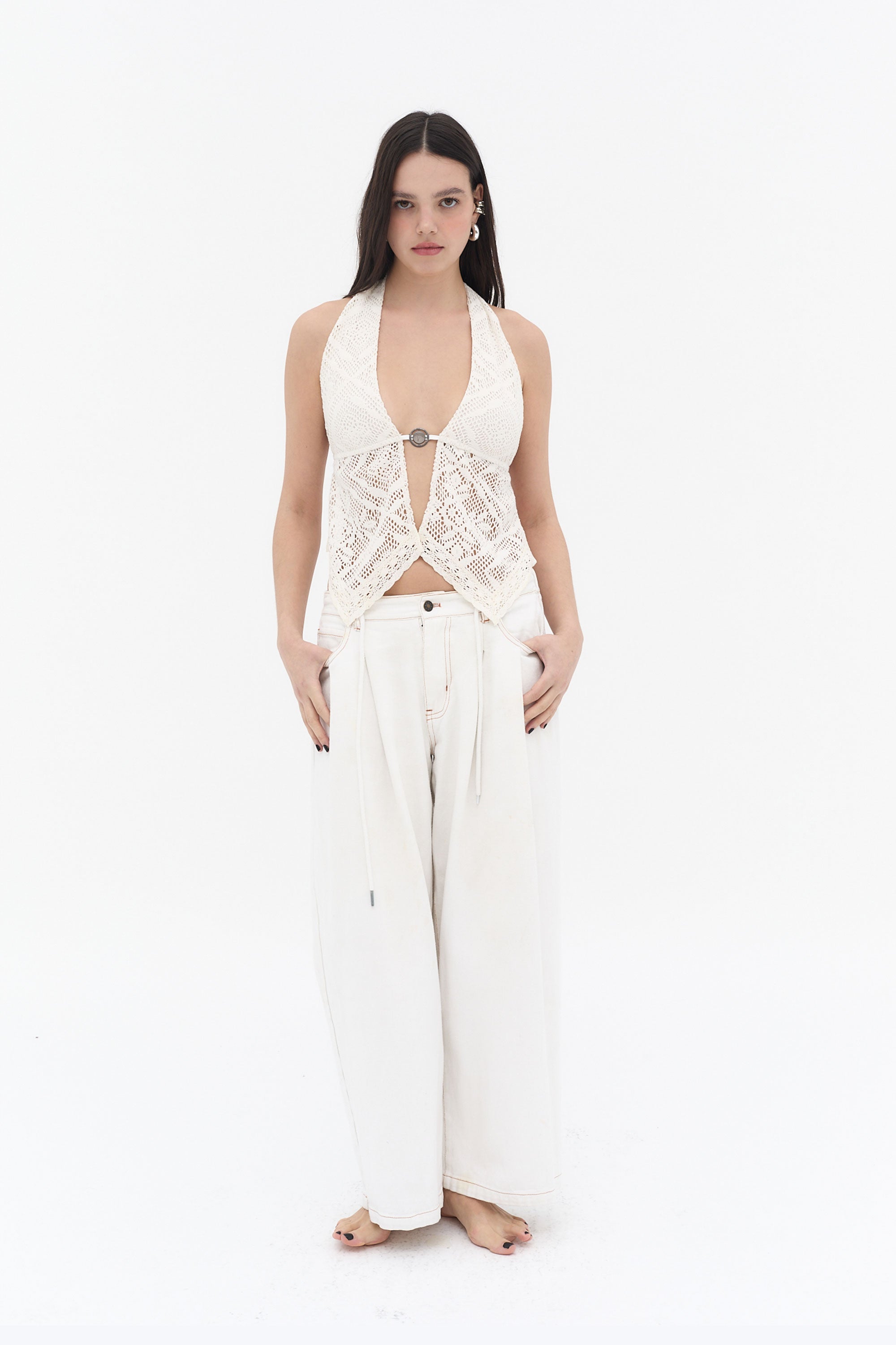 top halter mujer beige escote