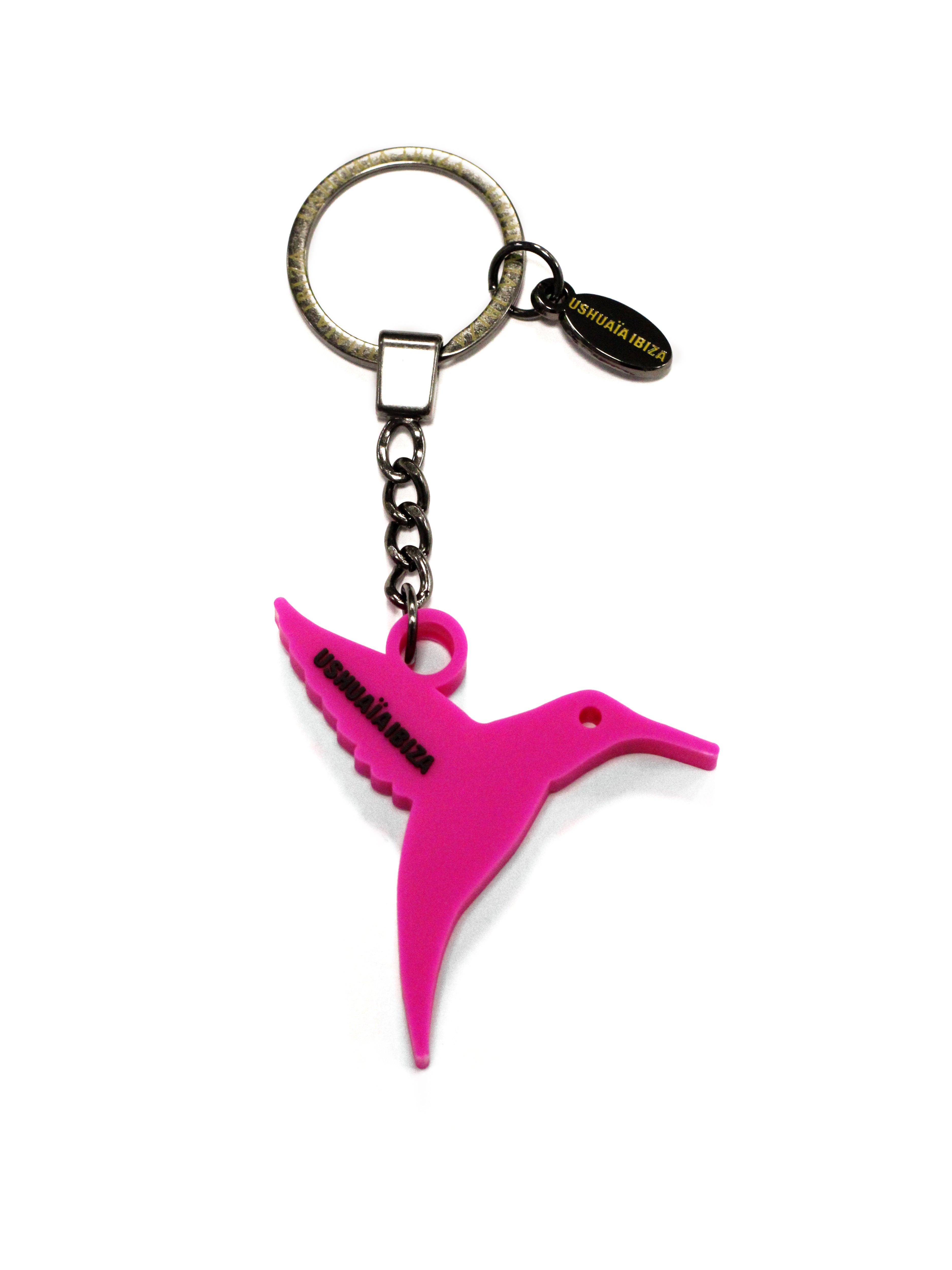 Pink Ushuaïa Ibiza hummingbird keyring with metal ring.