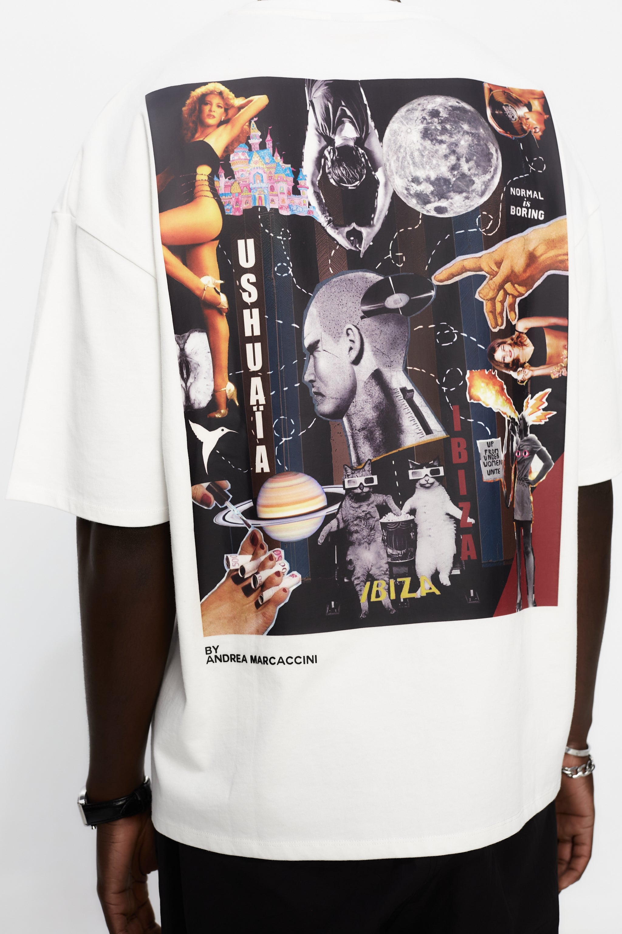 Oversize plus t-shirt with round neck and short sleeves. Contrast combined print detail on front and back.
USHUAÏA x ANDREA MARCACCINI