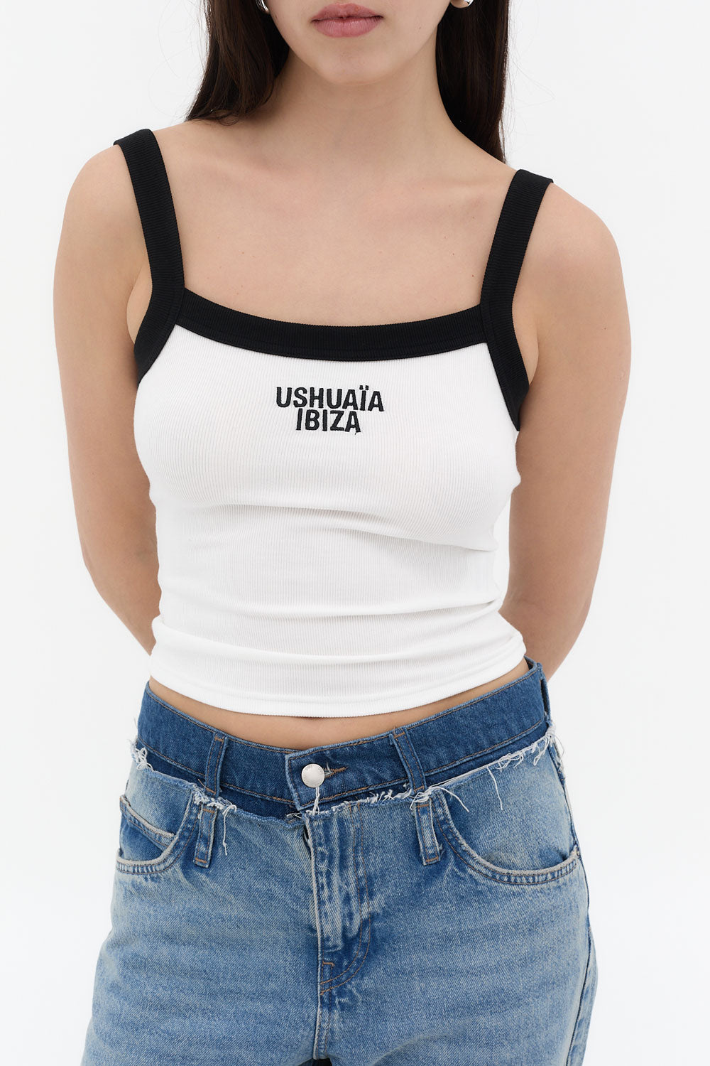 camiseta tirantes mujer blanca rib contraste negro