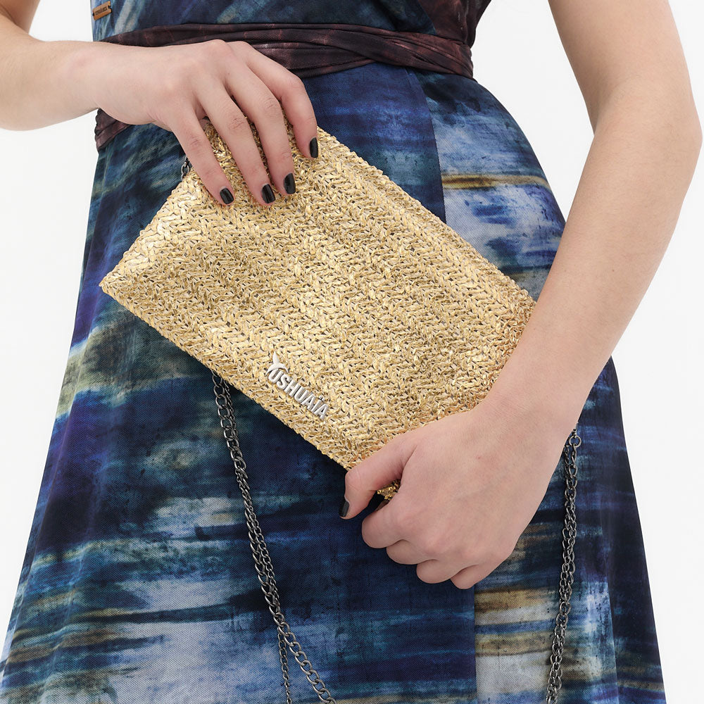 Bolso clutch dorado Ushuaïa Ibiza con cadena metálica desmontable